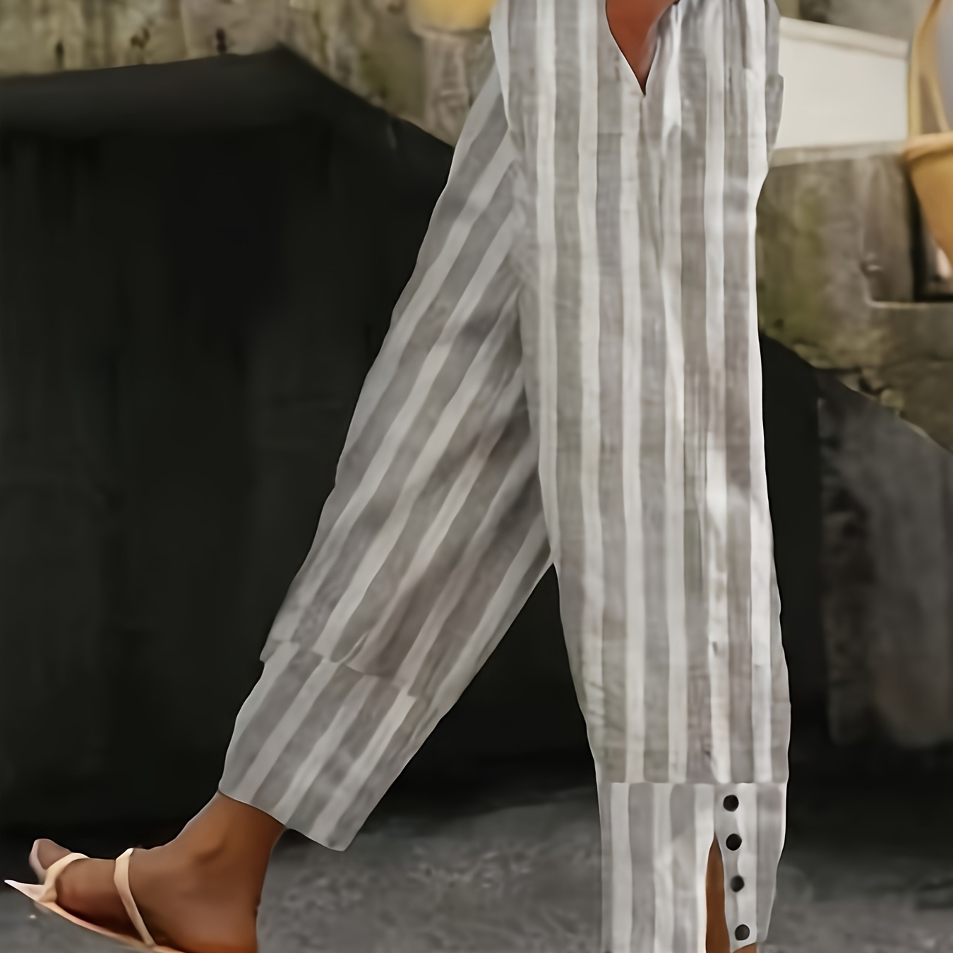 

Striped Button Decor Slant Pockets Pants, Casual Elastic Waist Pants For Spring & Summer, Women's Clothing
