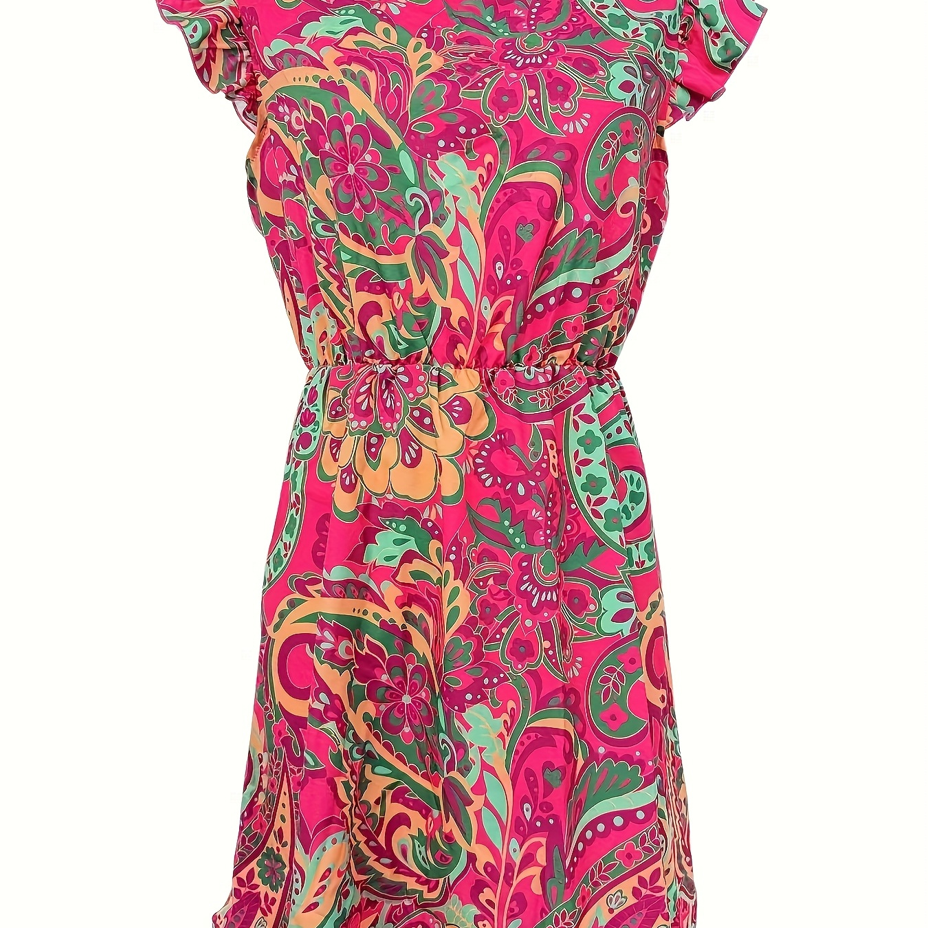 

Vibrant Floral Paisley Print Dress With Ruffle Sleeves - Elegant Knee-length, Crew Neck, Lightweight Polyester Blend - Ideal For Spring/summer/fall, Machine Washable