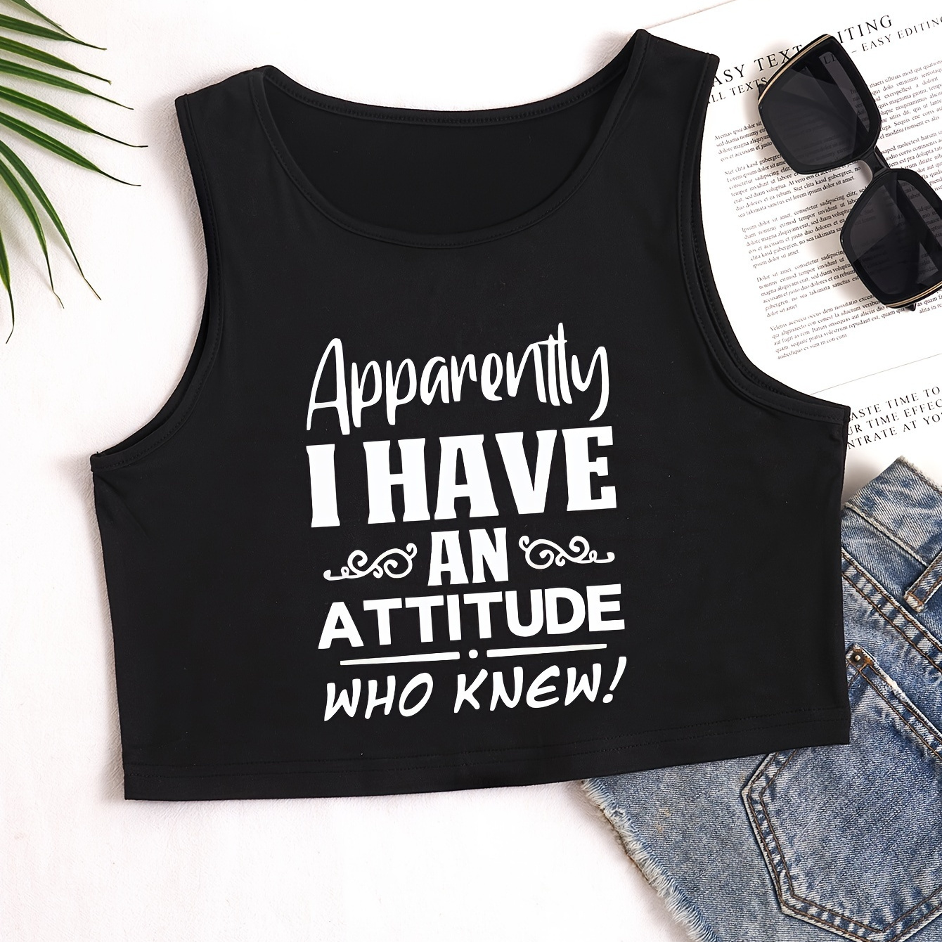 

Attitude Print Crew Neck Tank Top, Casual Sleeveless Crop Top For Summer & Spring, Women's Clothing