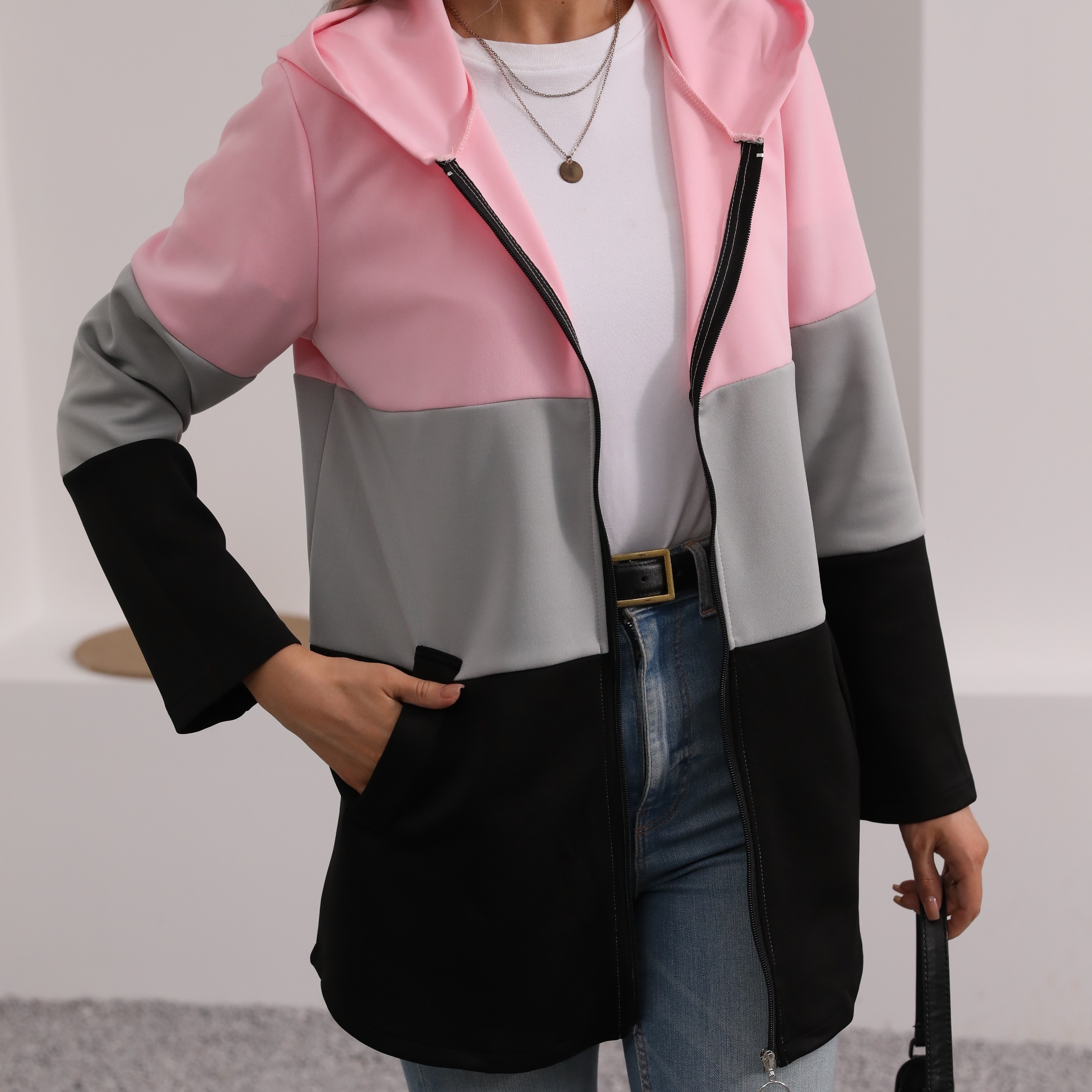 

Color Block Zip Up Hooded Jacket, Casual Simple Long Sleeve Outerwear, Women's Clothing