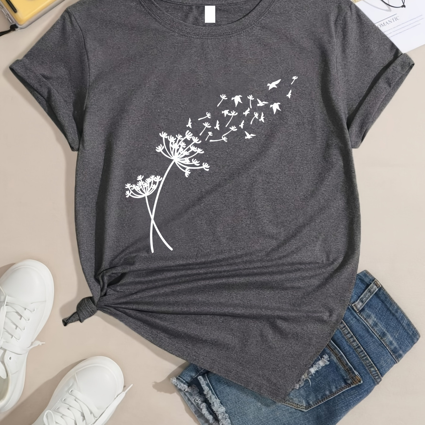 

Dandelion Print T-shirt, Short Sleeve Crew Neck Casual Top For Summer & Spring, Women's Clothing