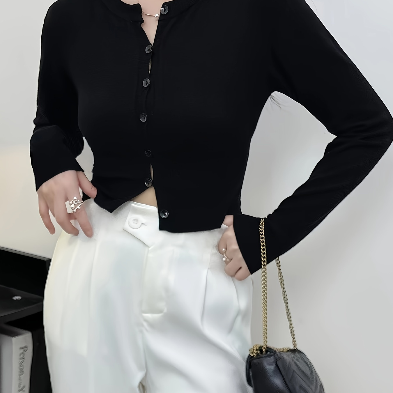 

Button Front Solid Color Simple Cardigan, Casual Long Sleeve Cardigan, Women's Clothing