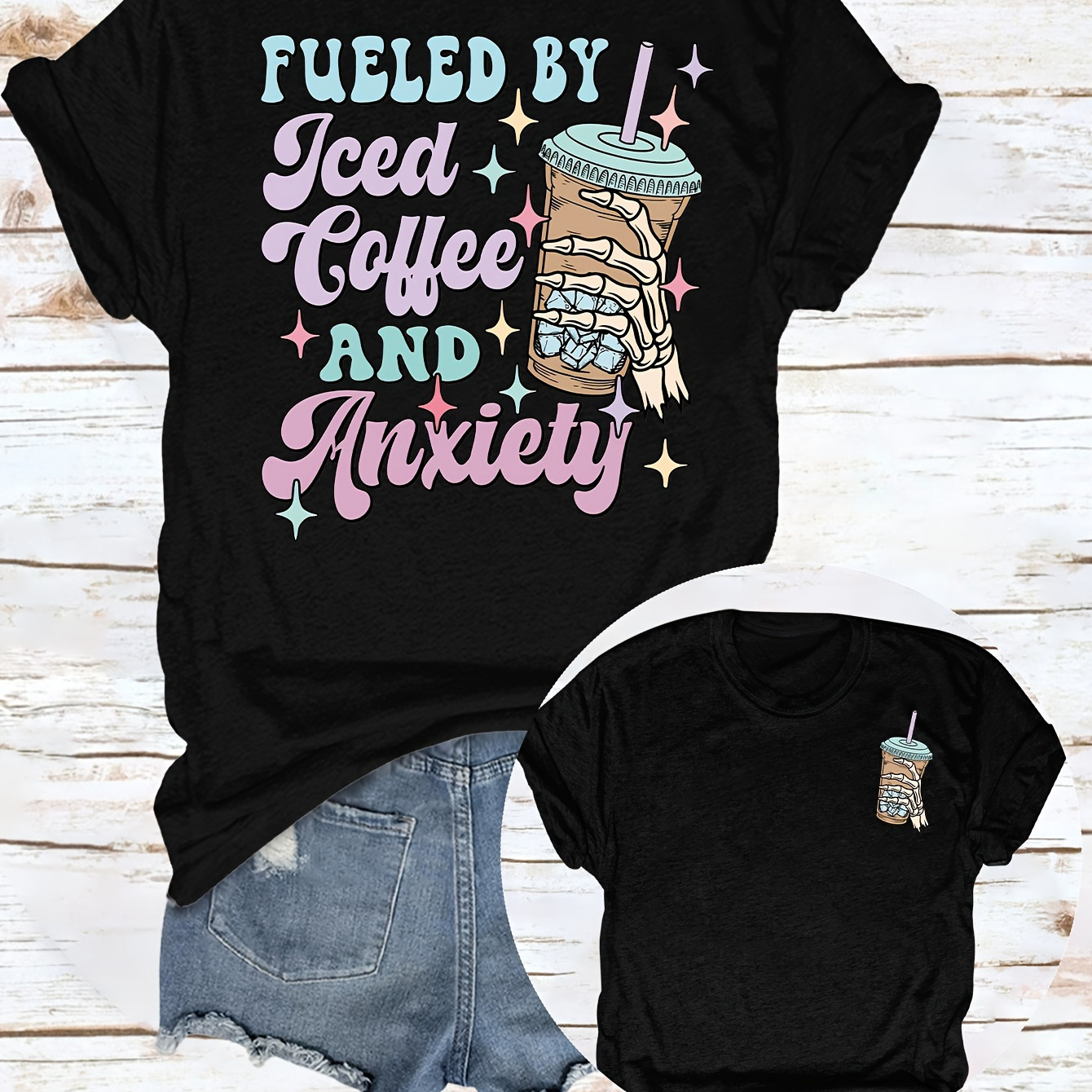 

Coffee & Letter Print T-shirt, Casual Crew Neck Short Sleeve Top For Spring & Summer, Women's Clothing