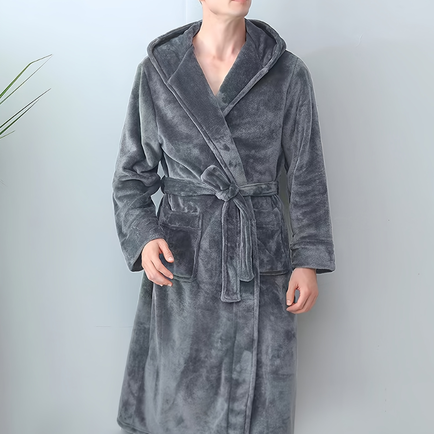 

1pc Men's Casual Long Sleeve Hooded Robe With Belt - Solid Color Polyester Knit Fabric Sleepwear With Pockets, Stretch, Regular