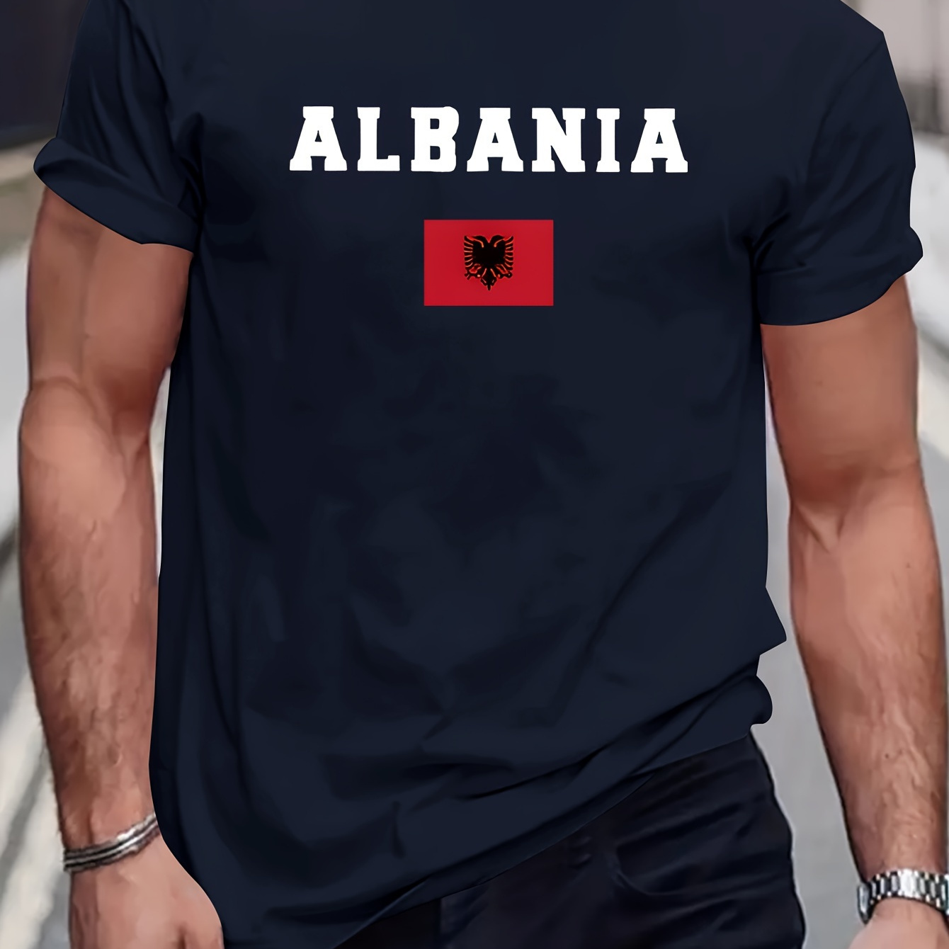 

Flag Of Albania Print Men's Fashion Comfy Breathable T-shirt, New Casual Round Neck Short Sleeve Tee For Spring Summer Men's Clothing