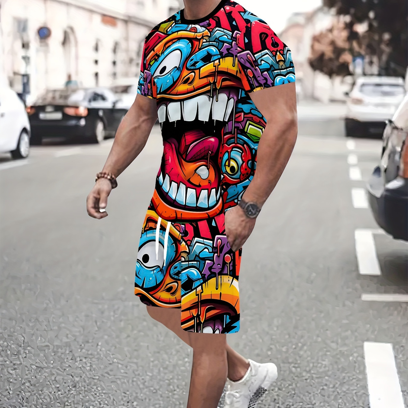

Men's Casual Outfit Set, 3d Short Sleeve T-shirt And Shorts, Polyester Fabric, Cartoon Pattern, Regular Fit, Machine Washable