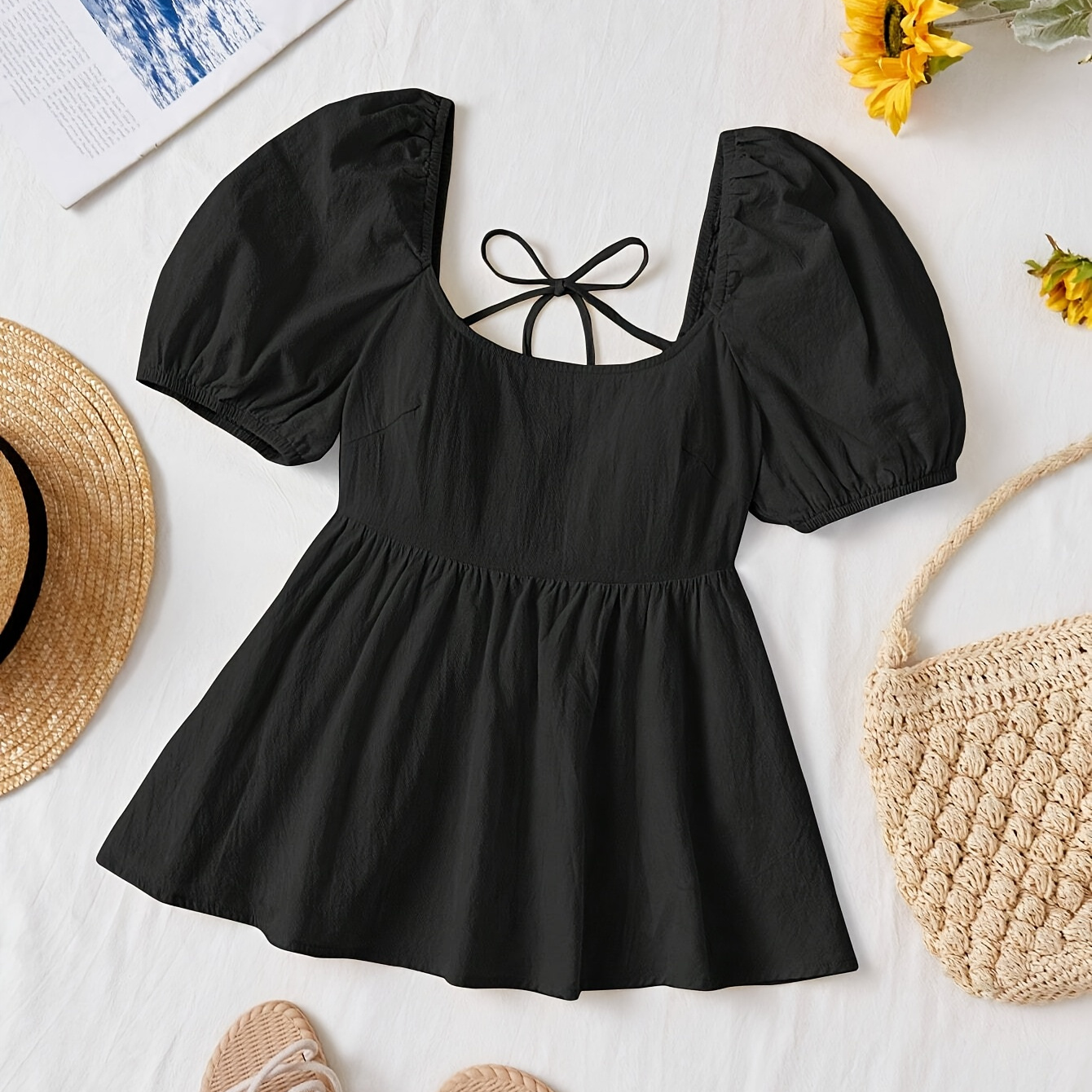 Elegant Square Neck Sleeveless Black Shirt for Women - Perfect for Spring/Summer