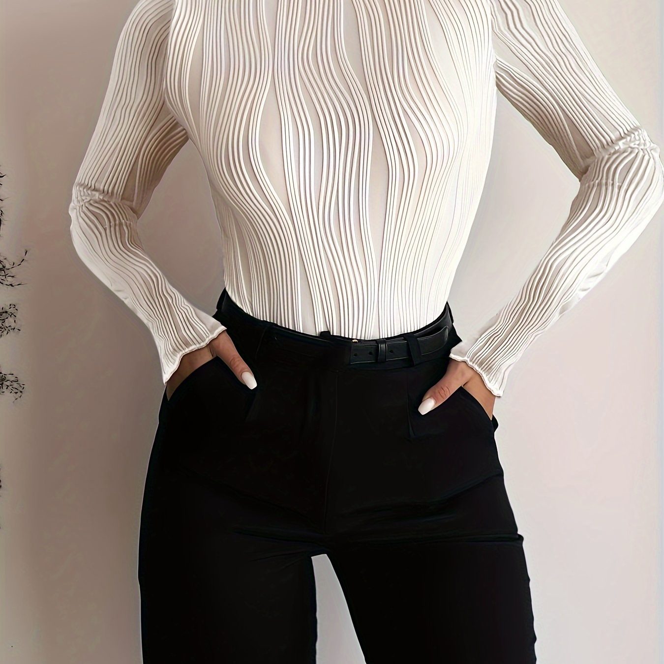 

Slim Textured Frill Neck T-shirt, Elegant Long Sleeve T-shirt For Spring & Fall, Women's Clothing