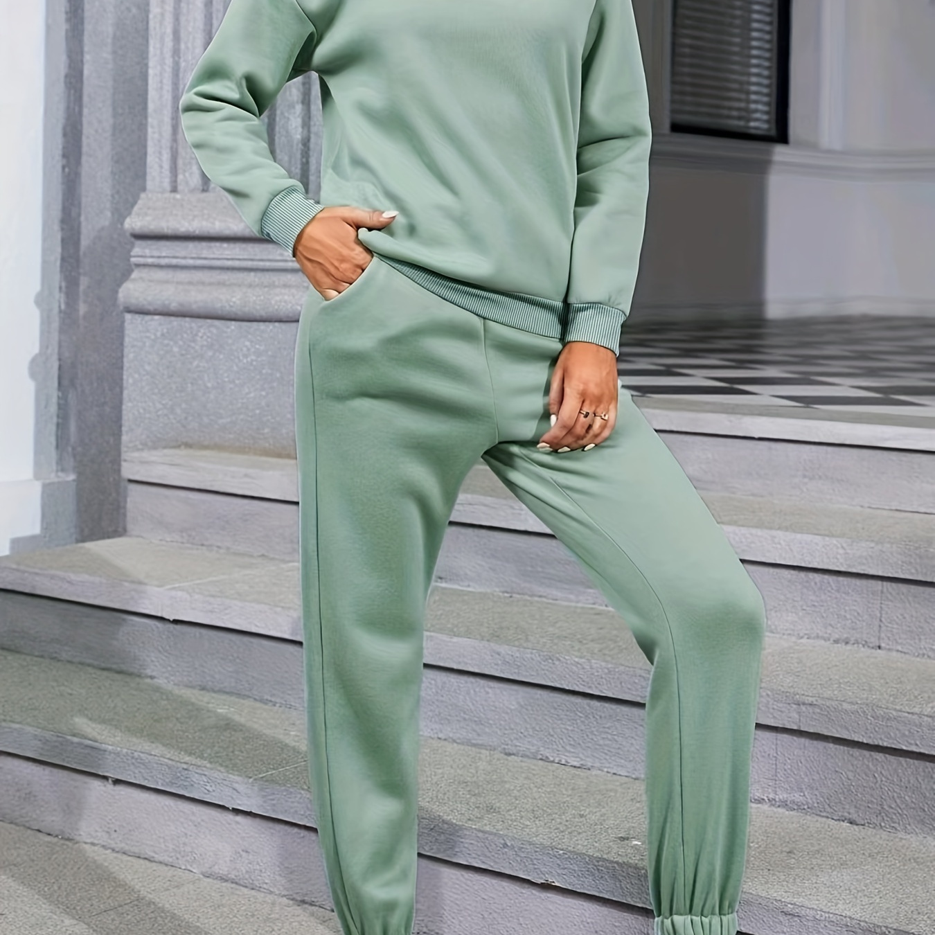 

Solid Color Casual Pantsuits, Long Sleeve Crew Neck Sweatshirt & High Waist Jogger Pants Outfits, Women's Clothing