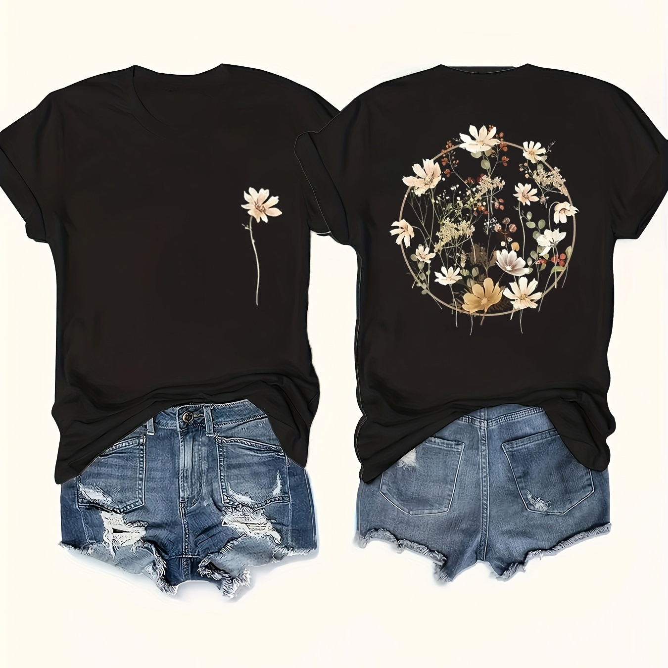 

Floral Print Crew Neck T-shirt, Casual Short Sleeve Top For Spring & Summer, Women's Clothing