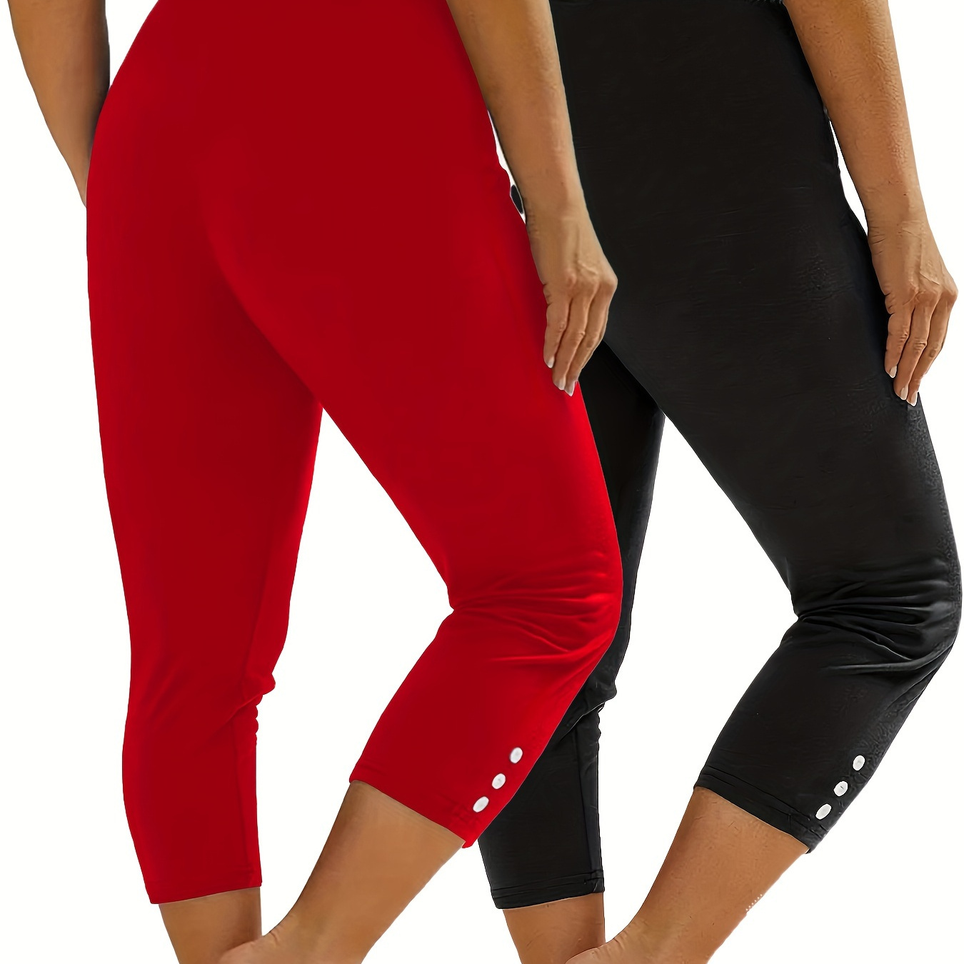

2-pack Women's Capri Leggings, Fashion Athletic Tight-fit Yoga Pants, Sport Style, High-waist With Button Accents, Breathable Stretch Fabric, Summer Activewear