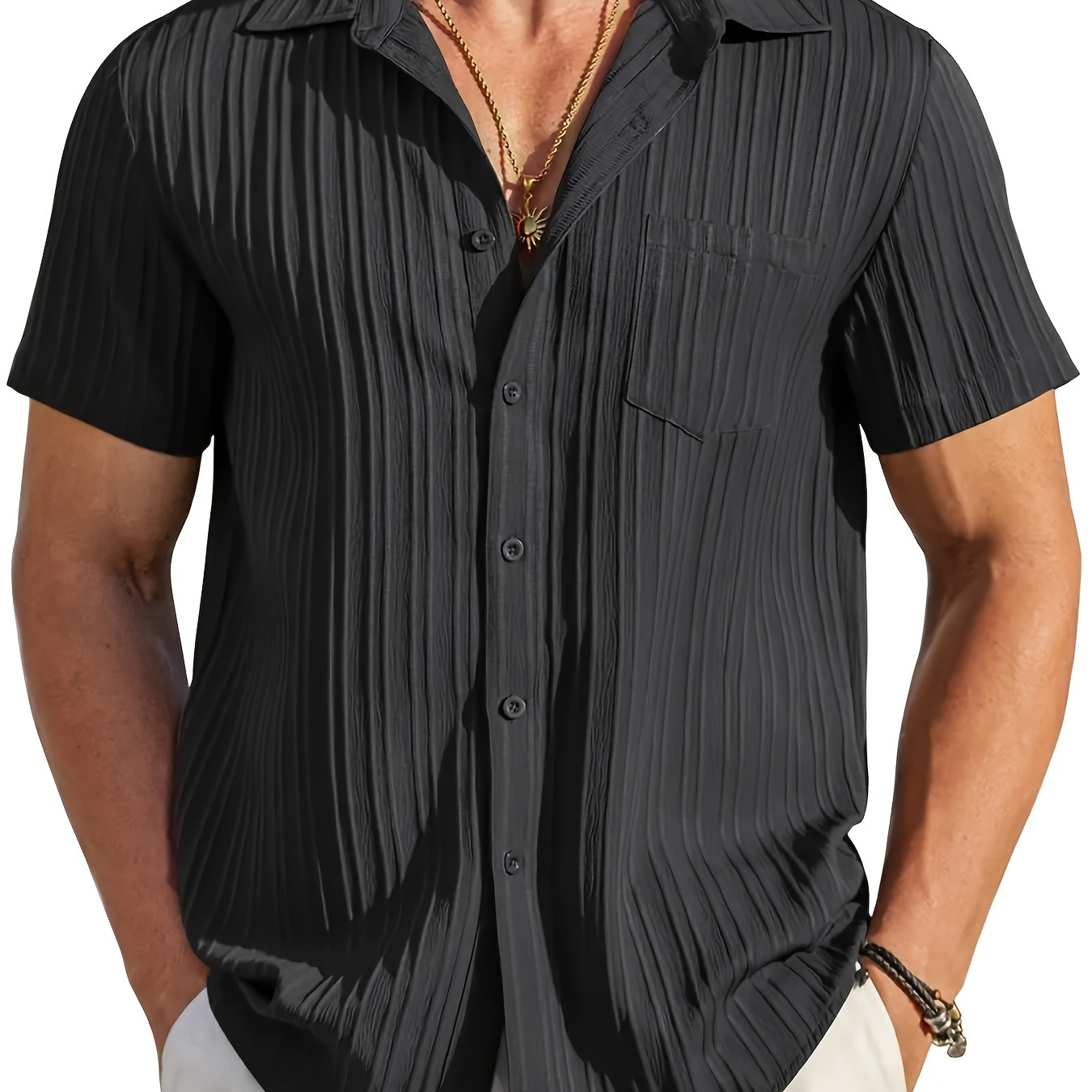 

Men's Casual Button-up Lapel Collar Short Sleeve Shirt In Solid Color, Versatile For Office And Casual Wear