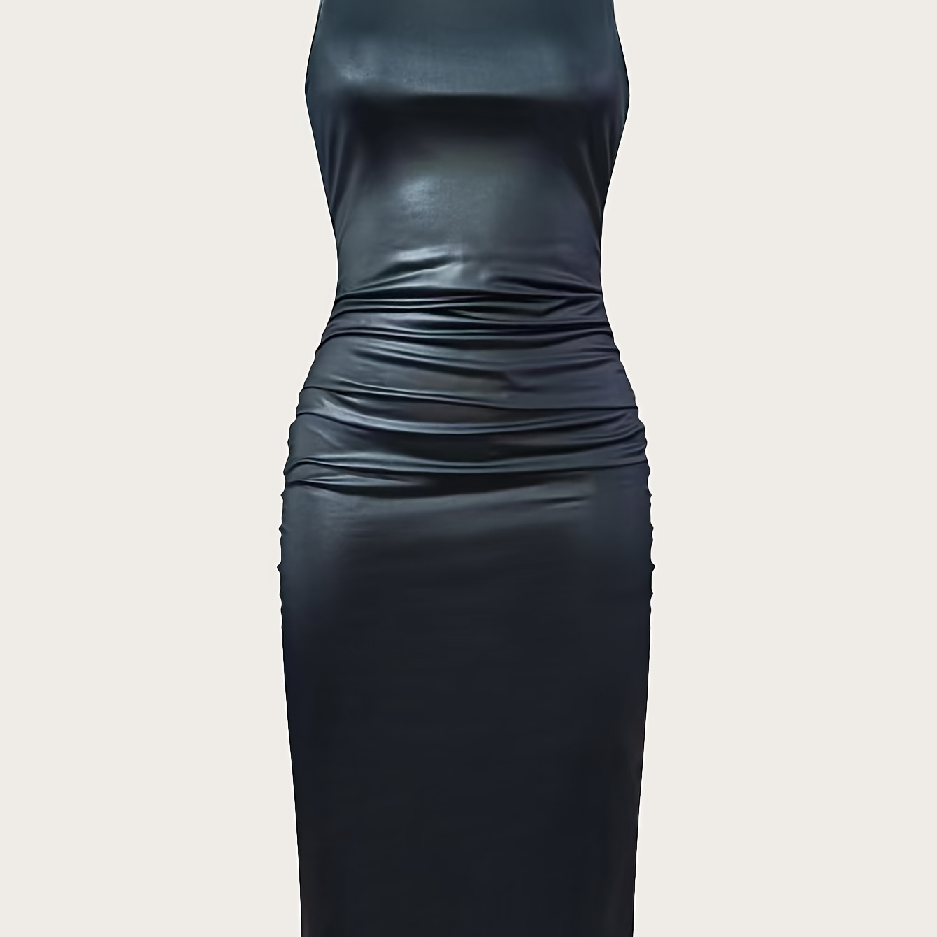 

Elegant Sleeveless Midi Dress For Women - , Round Neck, Ruched Side Slit, Form-fitting Design, Machine Washable, Polyester - Ideal For Spring/summer/fall Events