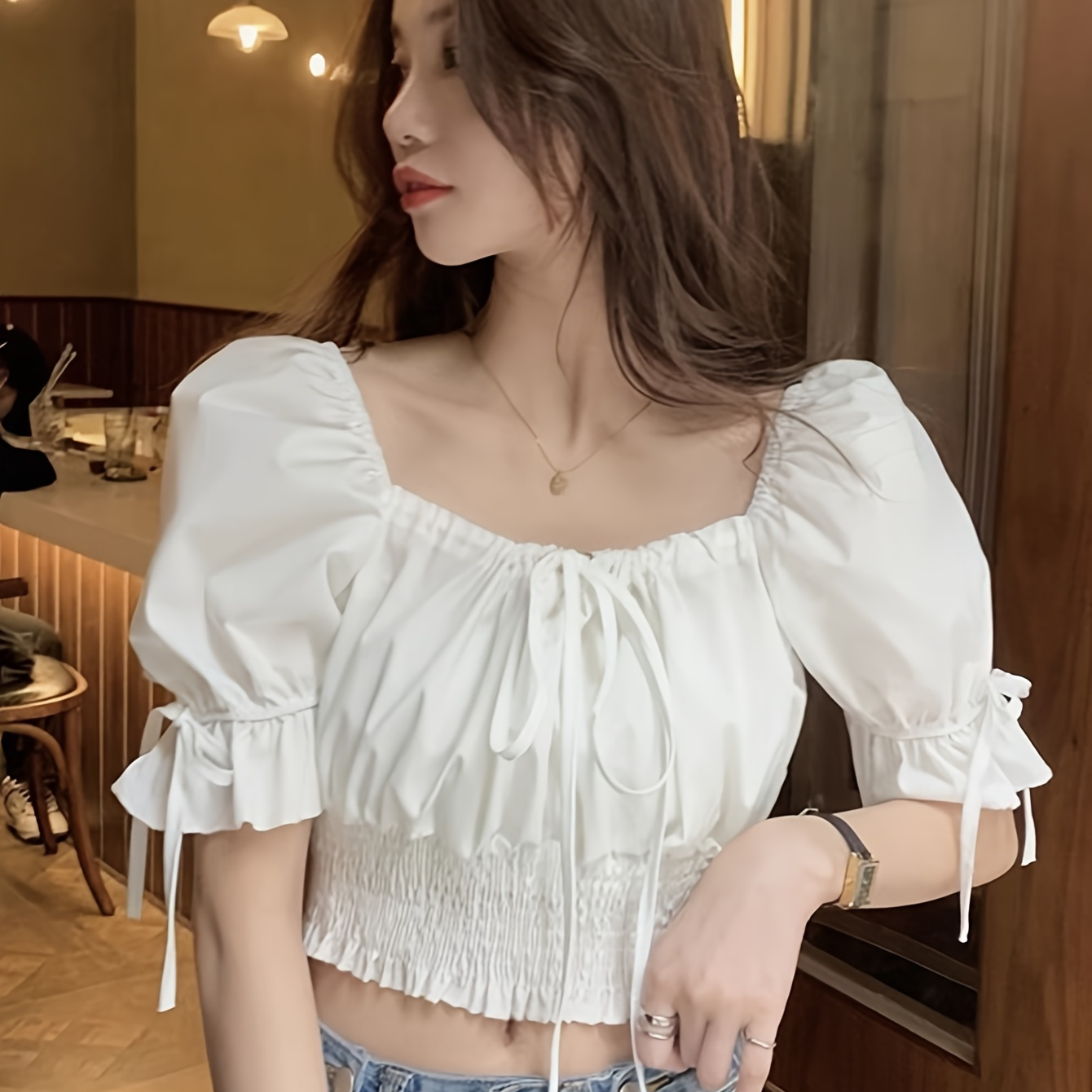 

Solid Tie Front Shirred Crop Blouse, Elegant Puff Sleeve Blouse For Spring & Summer, Women's Clothing