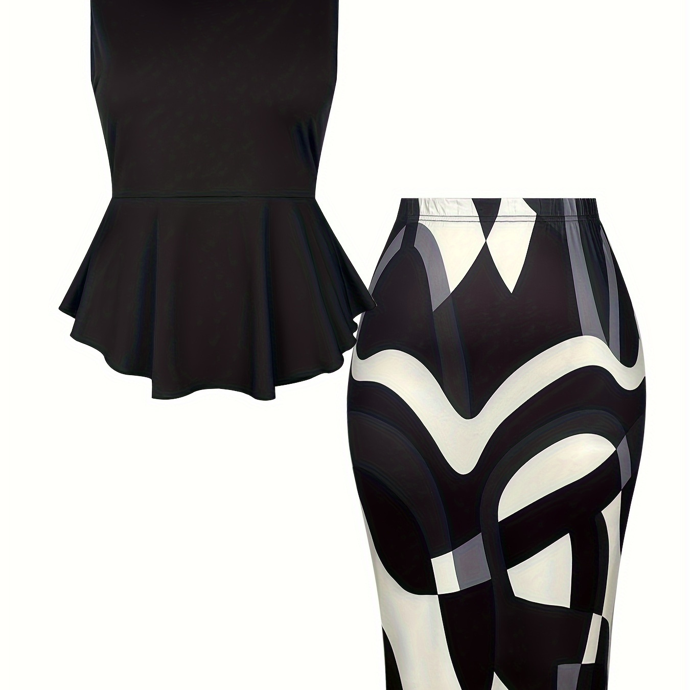 

Plus Size Elegant Spring & Summer Skirt Set, Solid Color Peplum Hem Sleeveless Top & Allover Print Skirt Outfits, Women's Plus Size Clothing