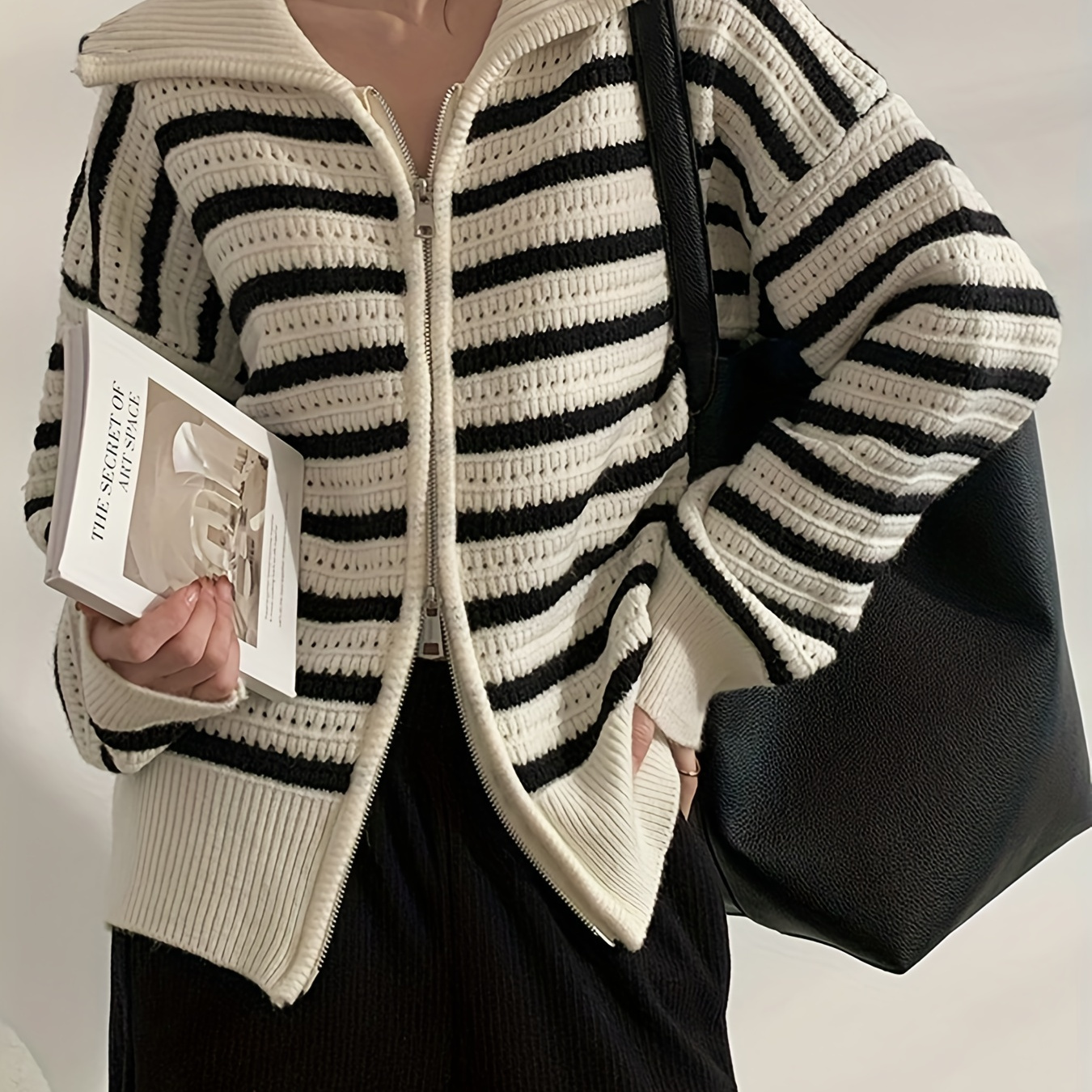 

Long Sleeve Striped Cardigan, Zip Up Casual Sweater, Women's Clothing