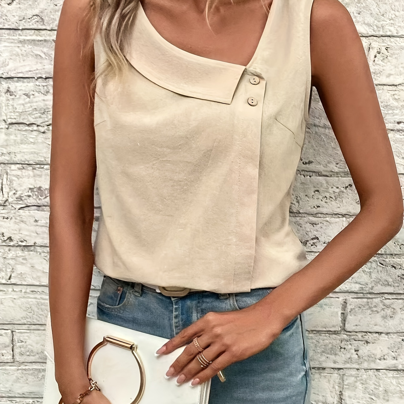 

Solid Color Asymmetrical Neck Tank Top, Casual Sleeveless Top For Spring & Summer, Women's Clothing