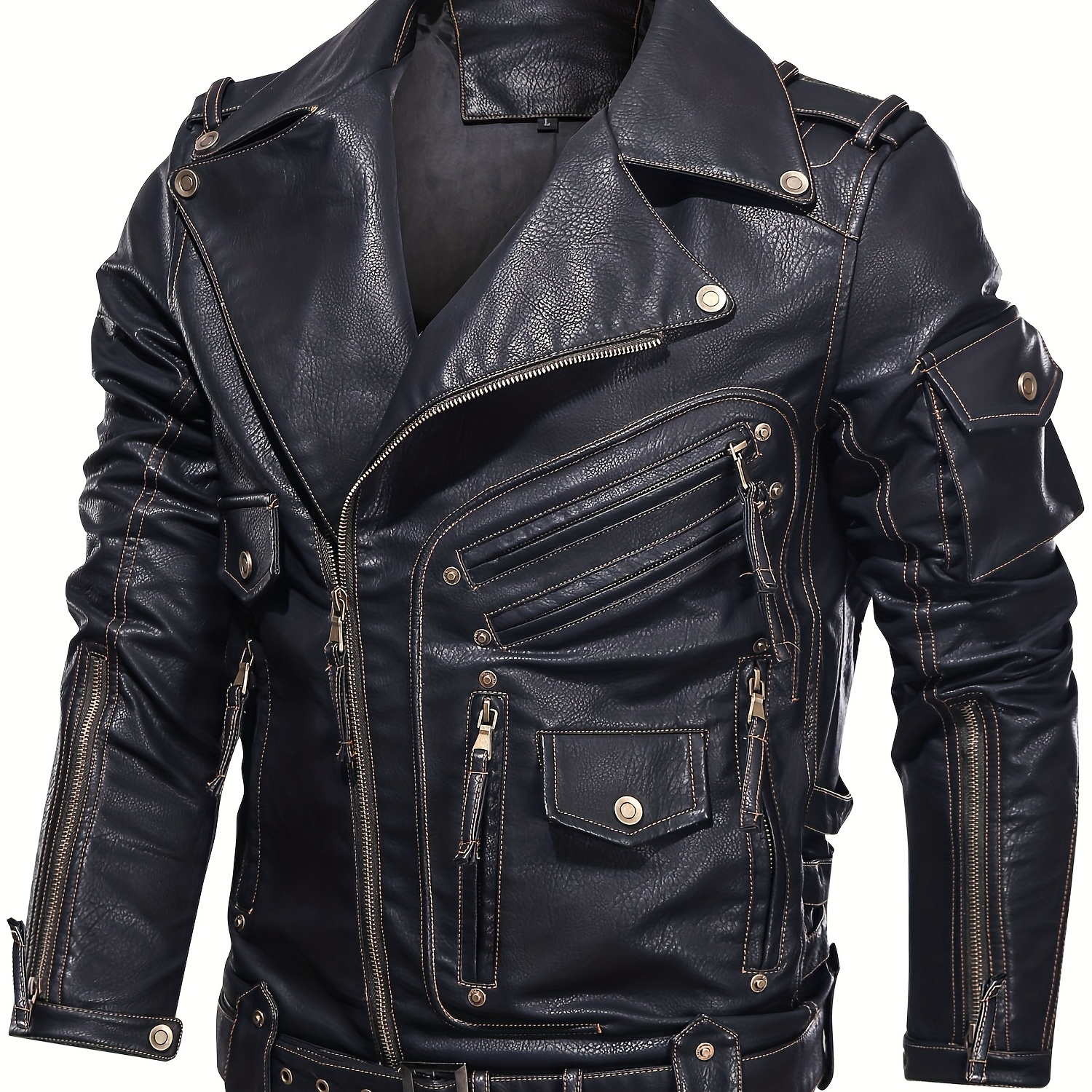 

Men's Retro Biker Jacket With Zipper Pockets - Stylish Black Coat For Spring & Fall, Loose Fit, Multiple Zippers & Studded Details, Polyester Lining