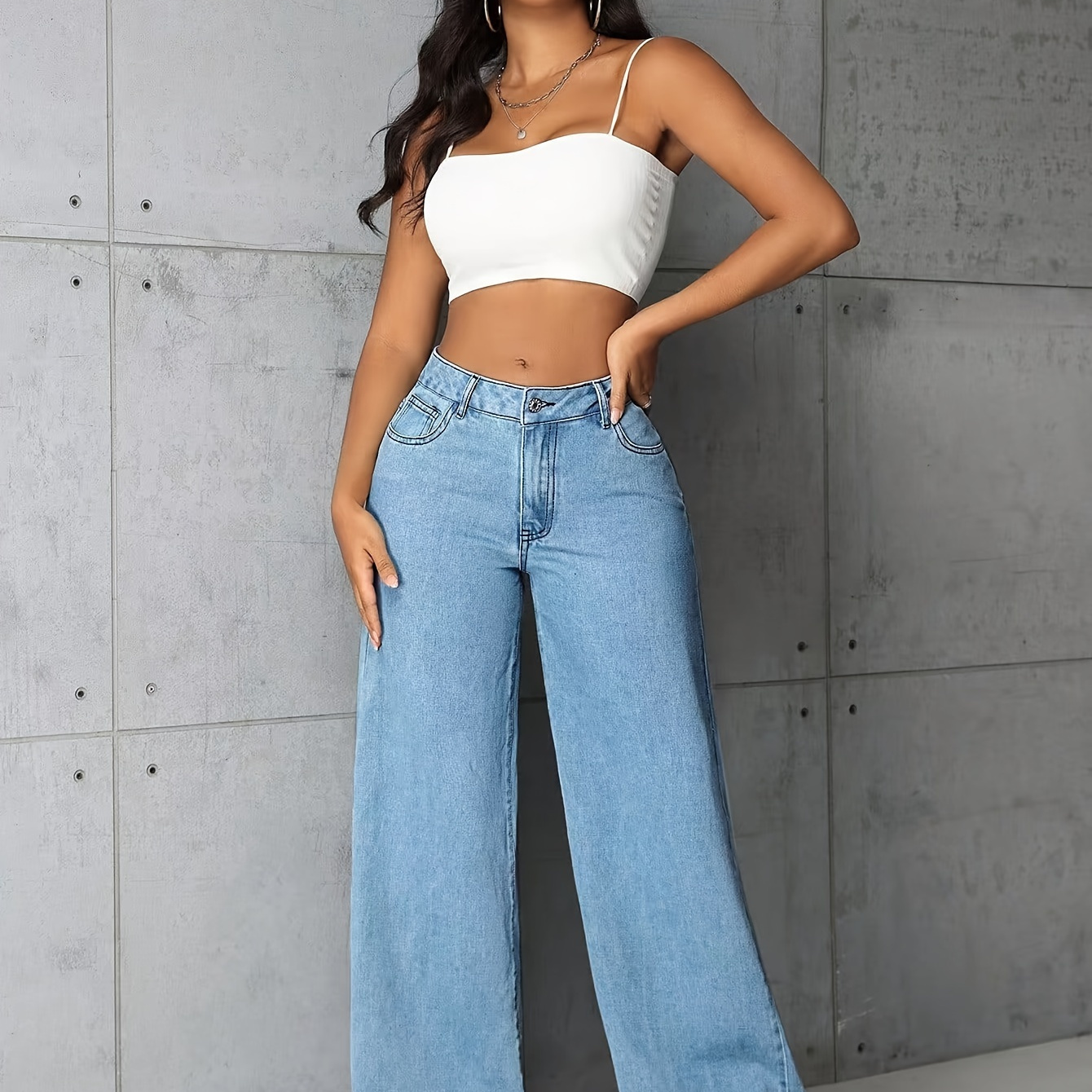 

Women's Wide Leg Jeans Hem Straight Baggy Denim Pants Casual Loose Boyfriend Mom Jean Trouser