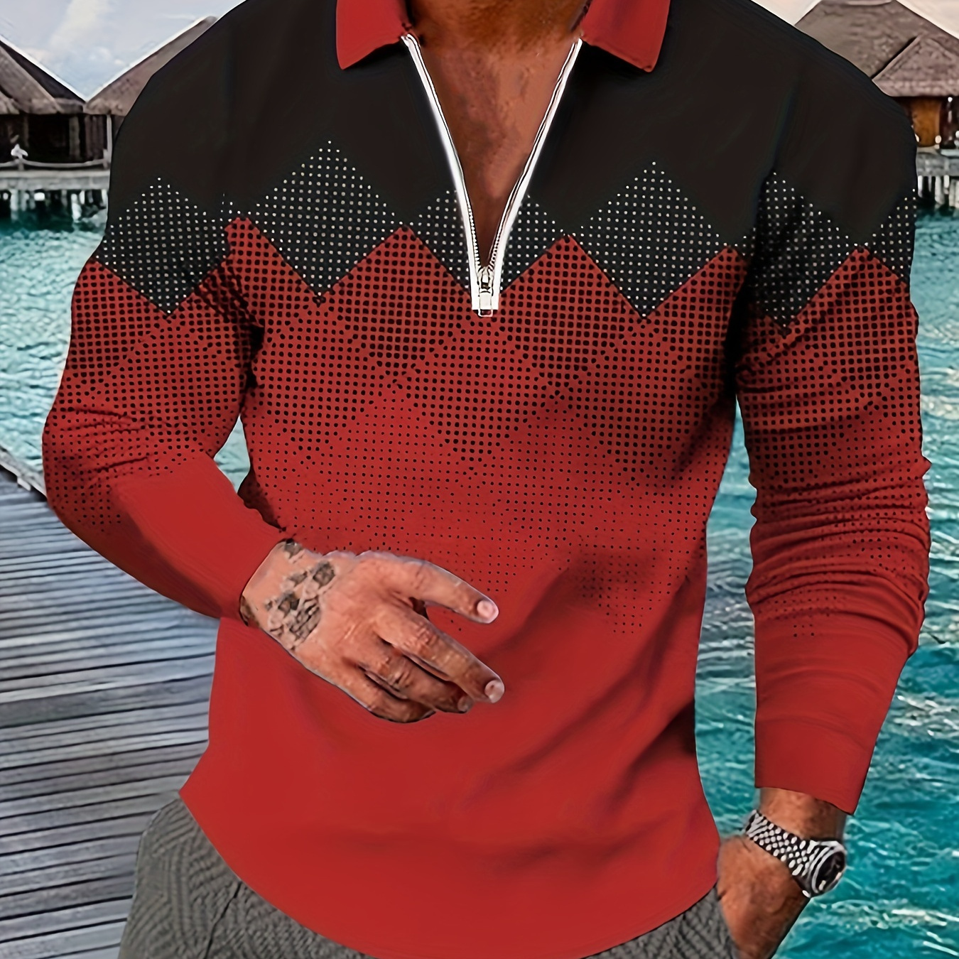 

Men's Trendy Shirt, Casual Lapel Geometric Print Long Sleeve Tops