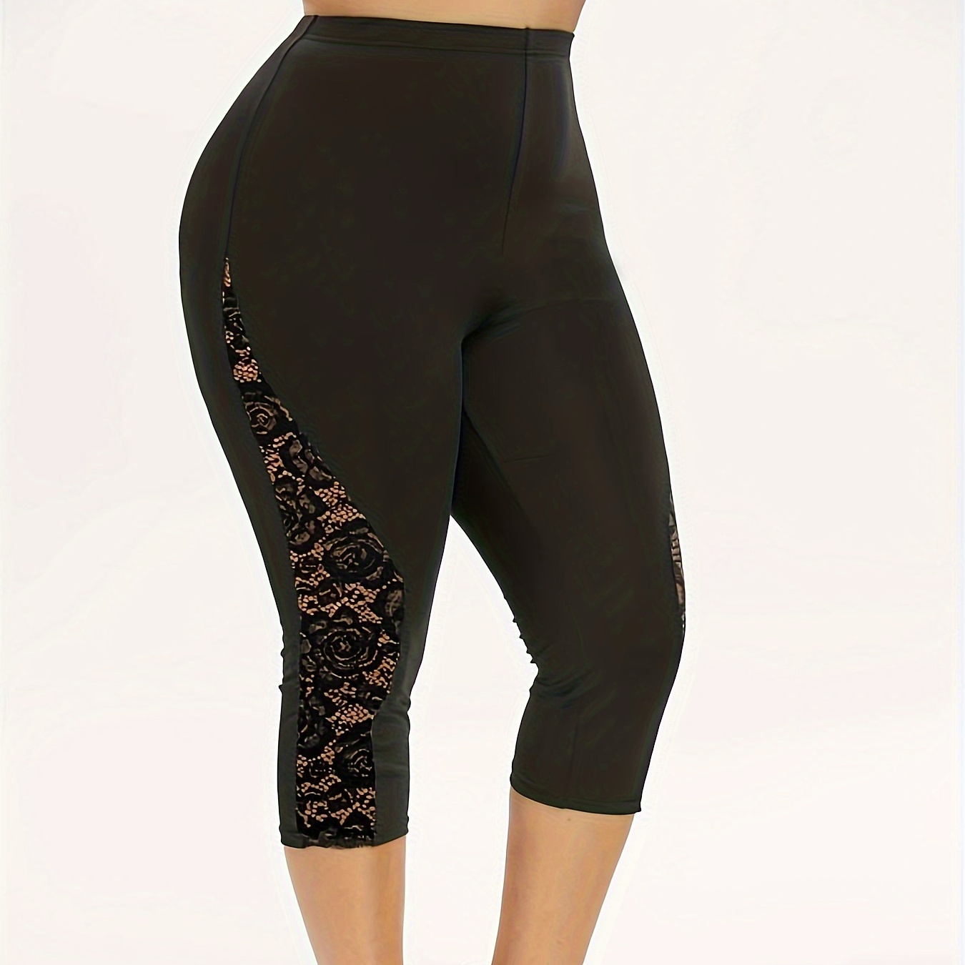 

Plus Size Floral Lace Stitching Capri Leggings, Casual High Waist Stretchy Leggings For Spring & Summer, Women's Plus Size Clothing