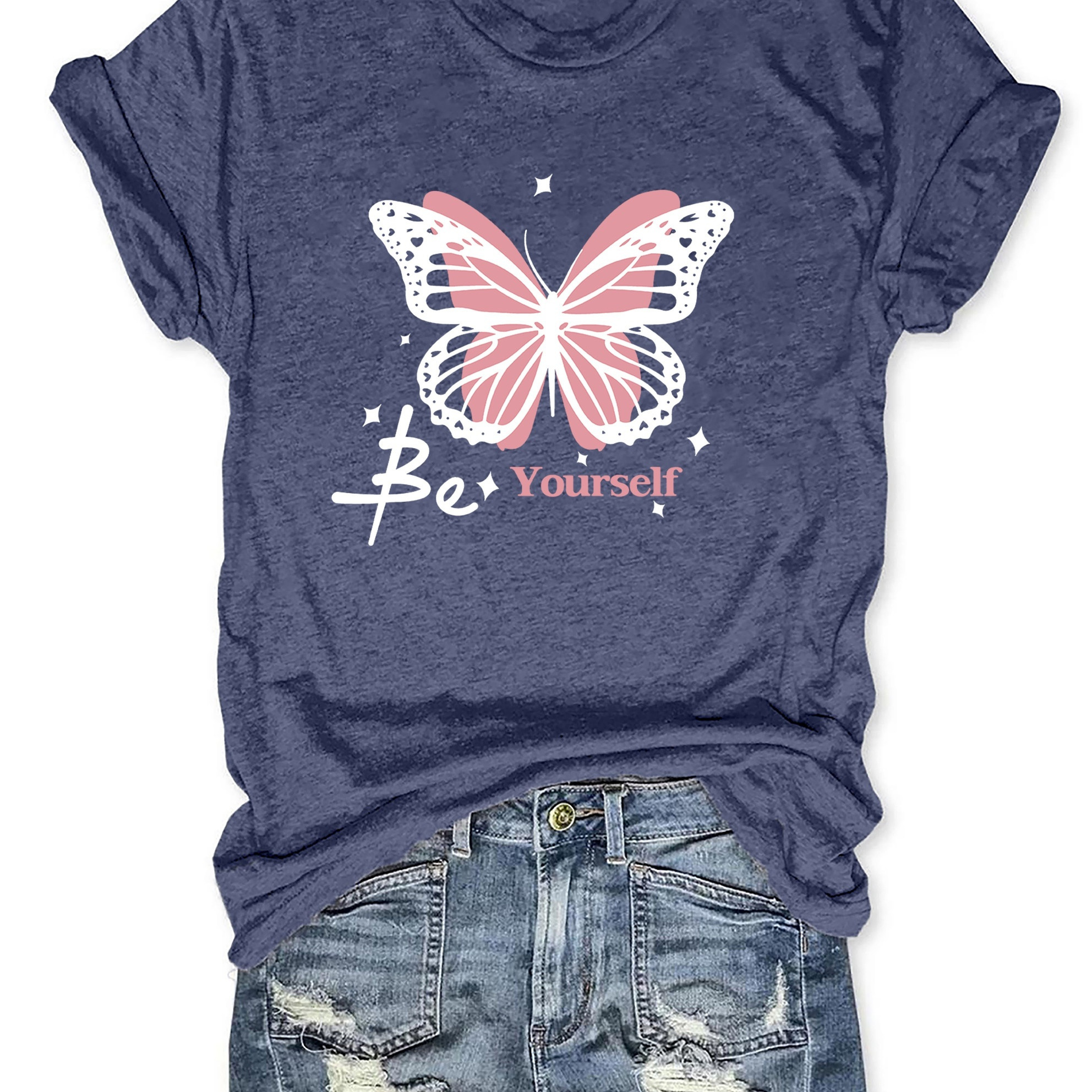 

Butterfly Print T-shirt, Short Sleeve Crew Neck Casual Top For Summer & Spring, Women's Clothing