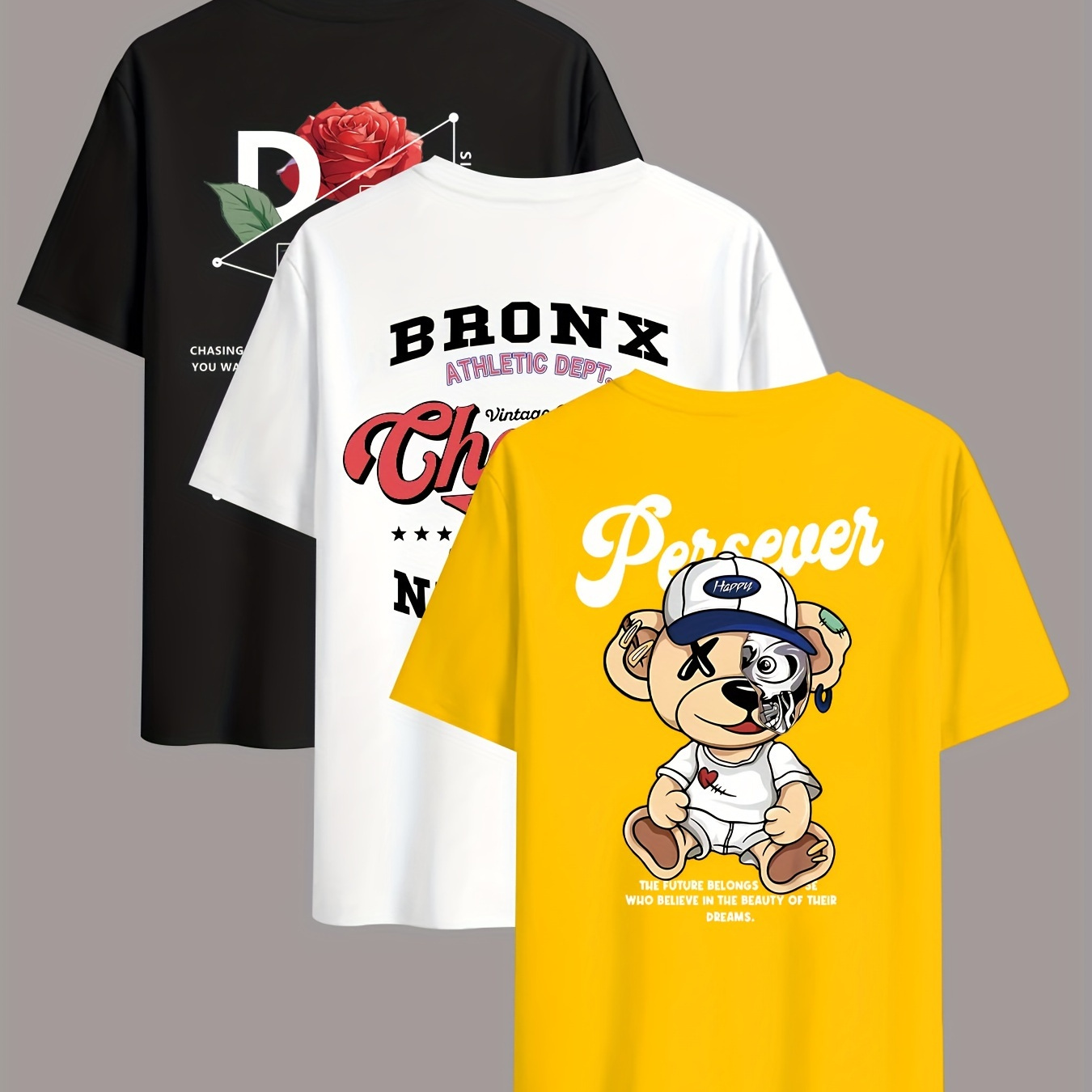 

3pcs Graphic Tee Set - Trendy Bear & Letter Print, Crew Neck, Short Sleeve, Casual Summer T-shirts For - Breathable Polyester , Machine Washable