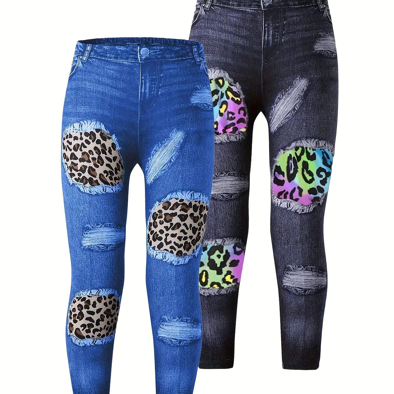 

2pcs Girls Imitation Denim Print Leopard Graphic Leggings Set Casual Pants Outdoor Gift