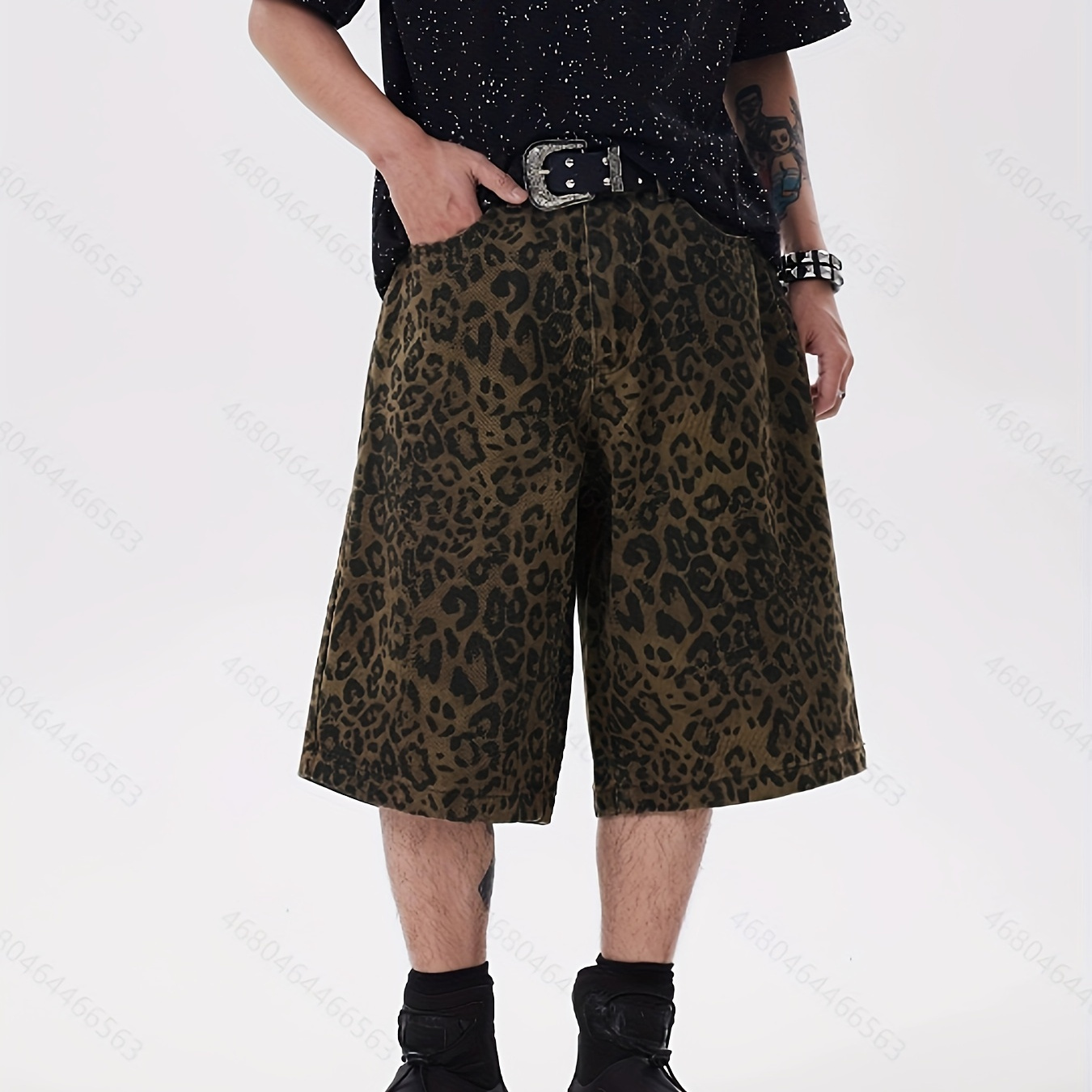 

Men's Leopard Wide Leg Denim Shorts For Daily Life, Stylish Leisure Trousers