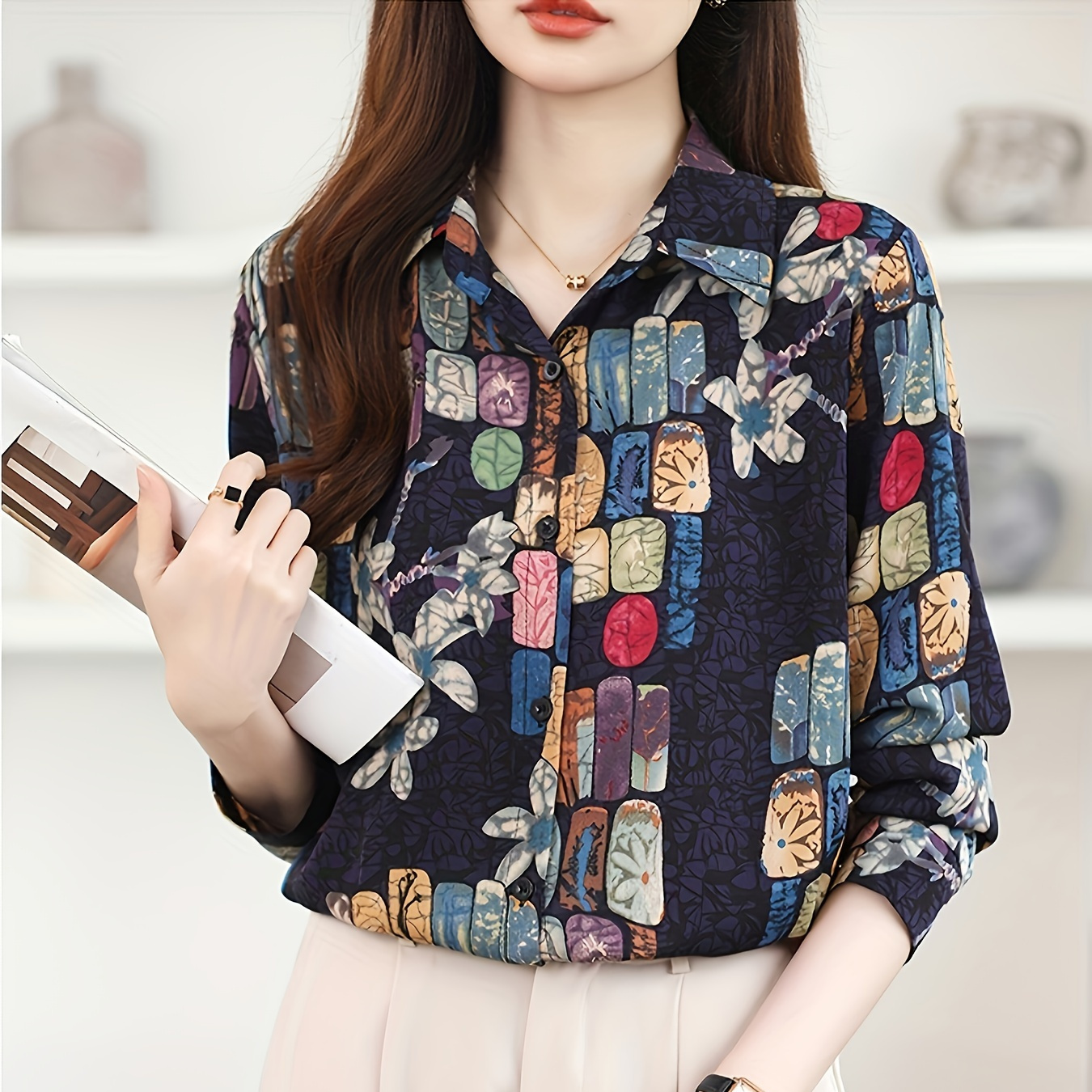 

Chic Floral Print Collar Shirt For Women - Slimming, Age-reducing Long Sleeve Top With Button Detail, Machine Washable - Spring & Fall