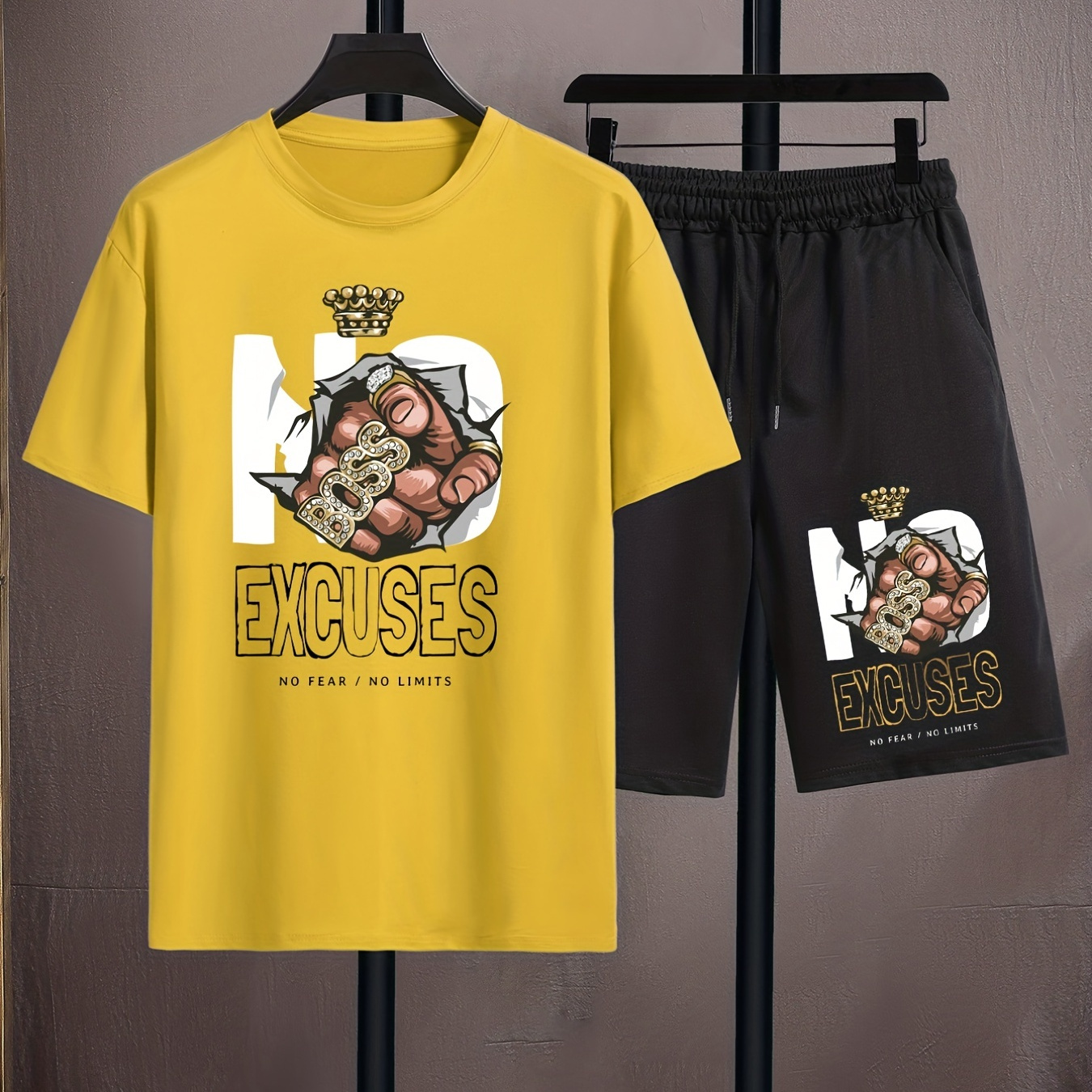 

''no Excuses'' Print, Men's 2pcs, Casual T-shirt And Loose Drawstring Shorts For Running, Training