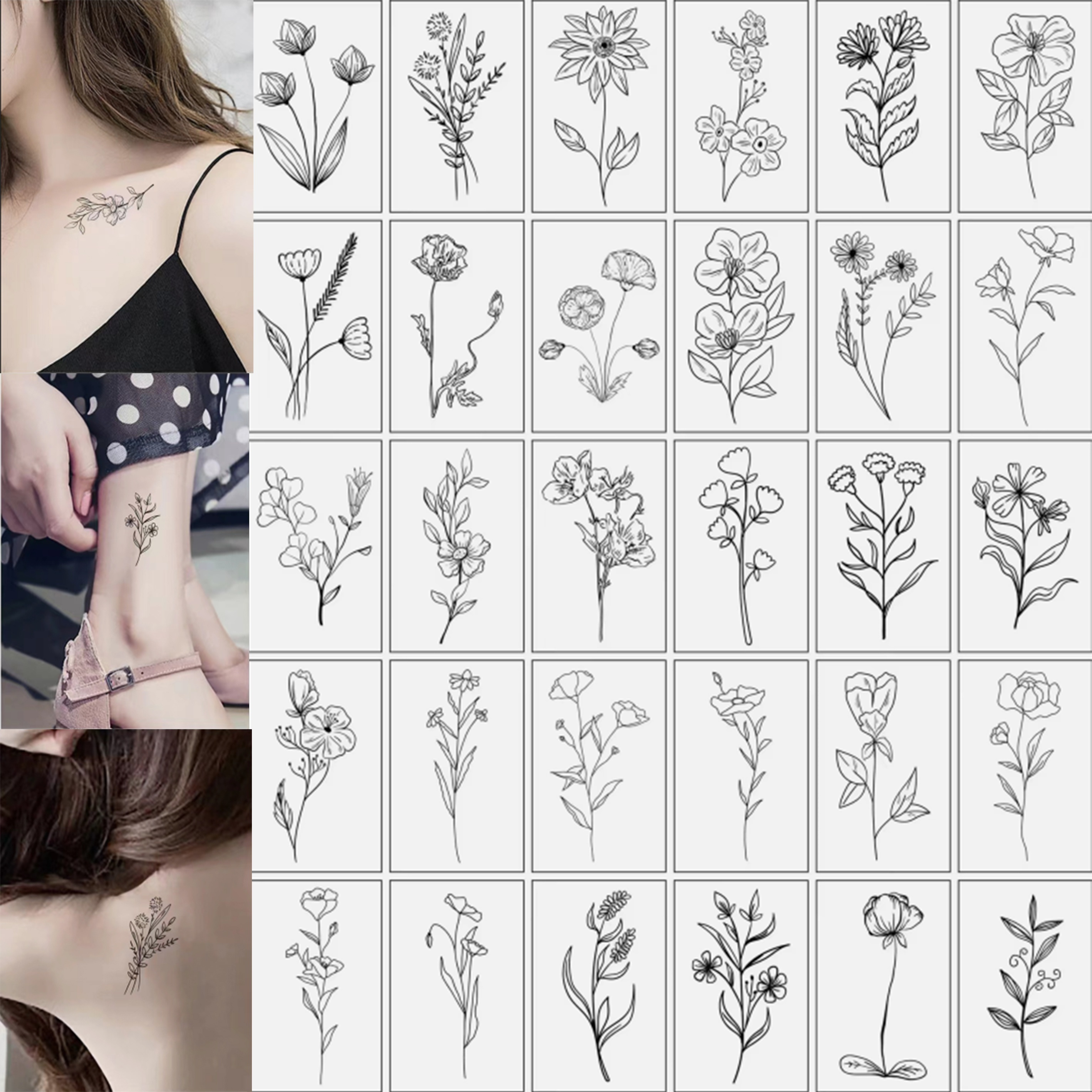 

30 Sheets Waterproof And Long-lasting Line Drawing Flowers Temporary Tattoos - Perfect For 3-6 Days Of Fun And Fashion