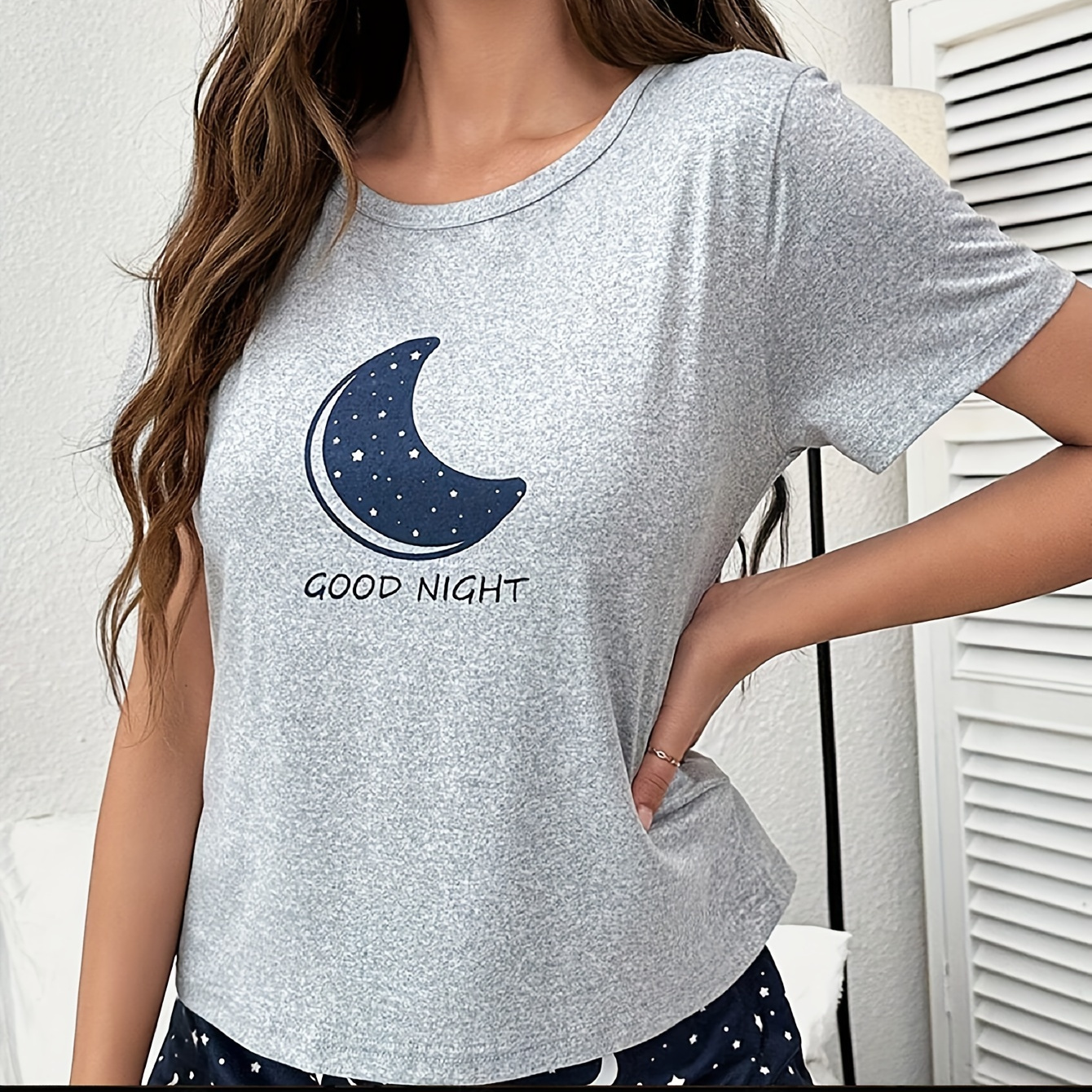 

Women's Moon & Slogan Print Casual Short Sleeve Pajama Top, Casual Comfy Sleepwear Tee