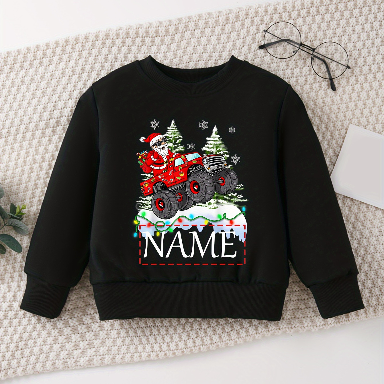 

Custom Name & Santa Truck Print Boys' Sweatshirt - Casual Crew Neck, Soft Polyester , Machine Washable - Christmas