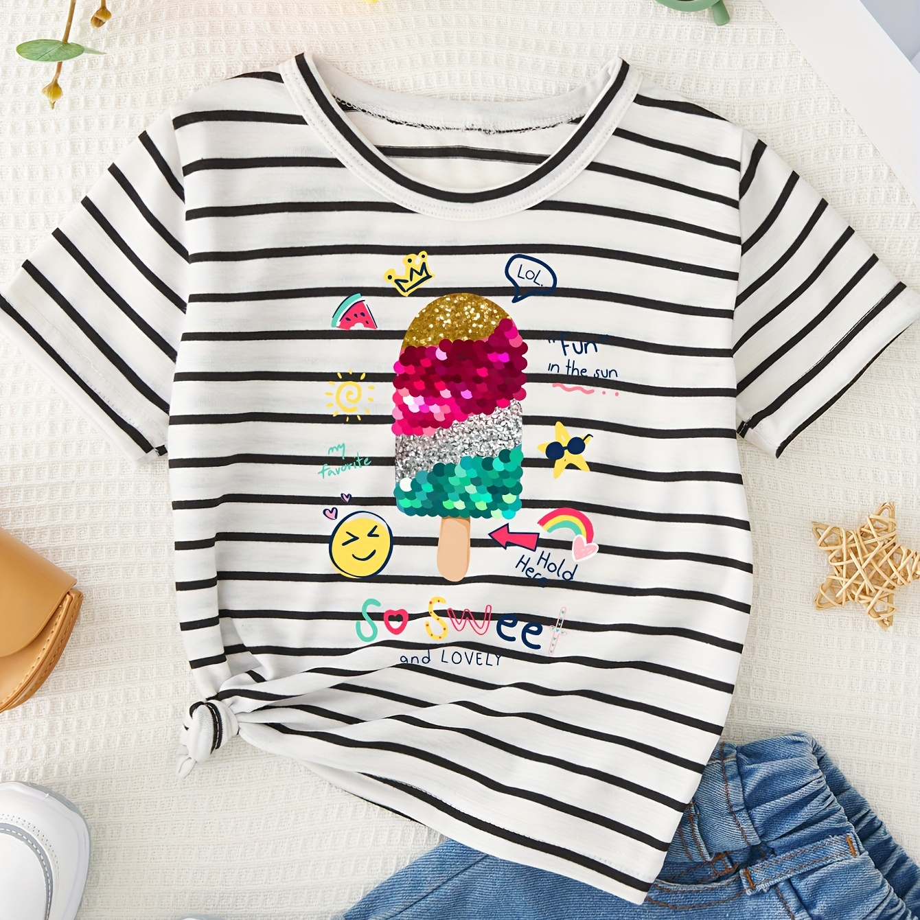 

Cartoon Childhood Elements Graphic Print, Girls' Casual & Comfy Crew Neck Short Sleeve Striped T-shirt For Spring & Summer, Girls' Tee & Clothes For Outdoor Activities