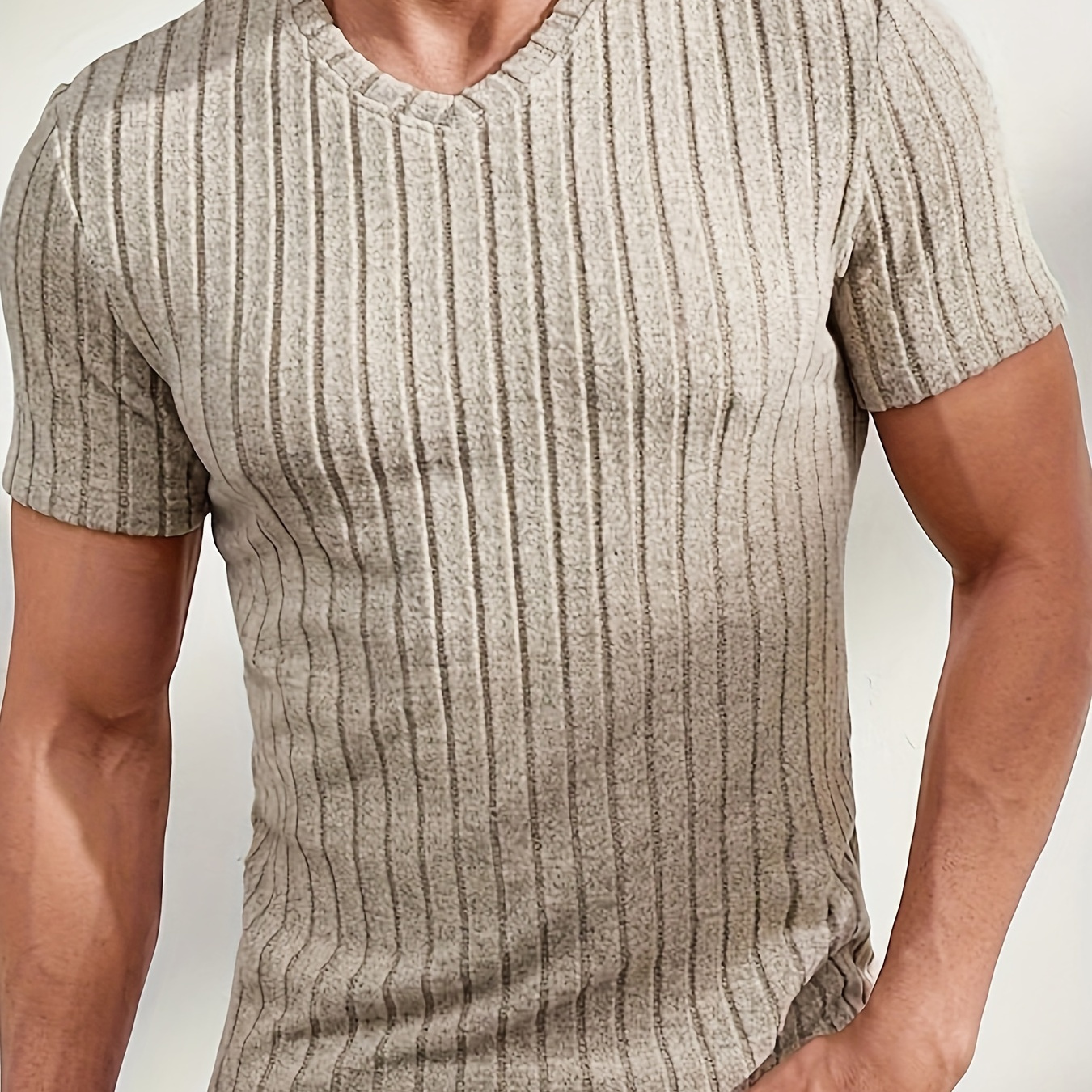 

Ribbed Stretch Men's Casual Short Sleeve V Neck T-shirt, Summer Outdoor