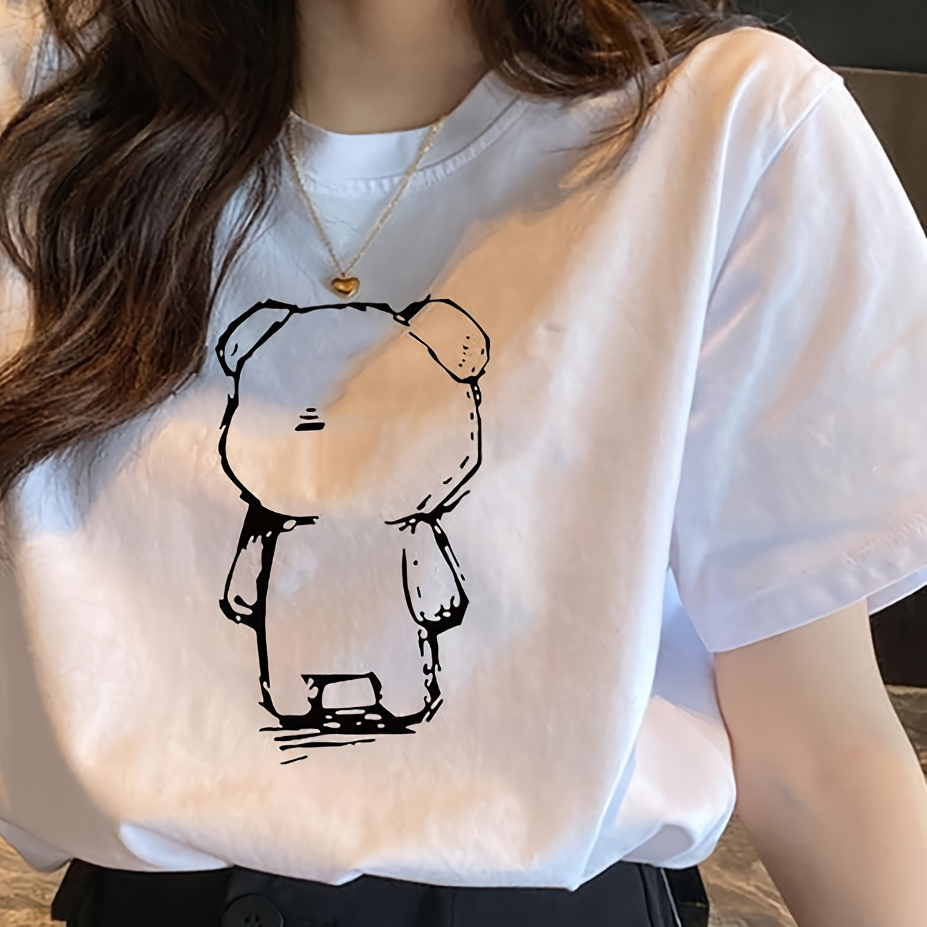 

Cute Bear Print Crew Neck T-shirt, Casual Short Sleeve Loose Top For Spring & Summer, Women's Clothing