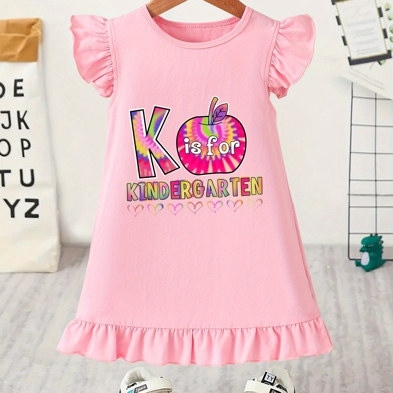 

Kindergarten Pattern Cotton Ruffle Trim Dress, Baby Girl's Trendy Comfortable Summer Clothing