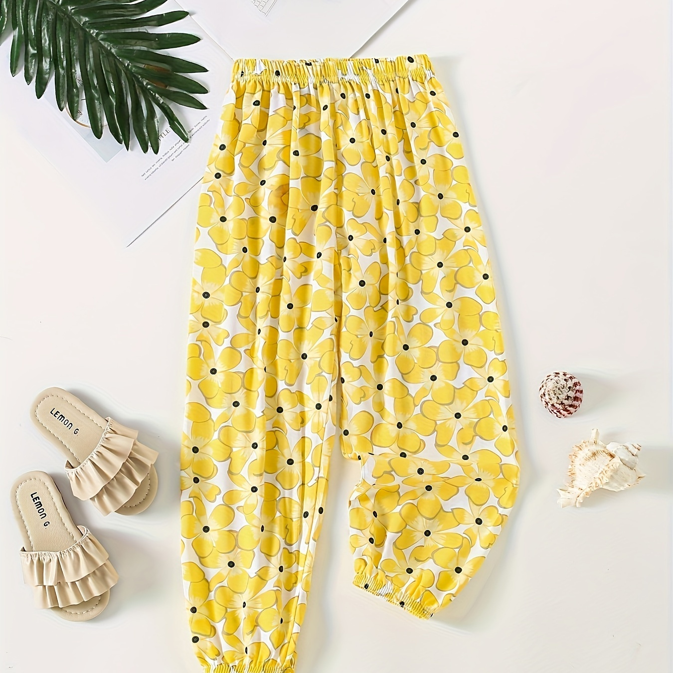 

Spring/ Summer Girls Yellow Floral Print Breathable Thin Pants, 100% Cotton Comfy Harem Trousers For Toddler Kids Casual Wear