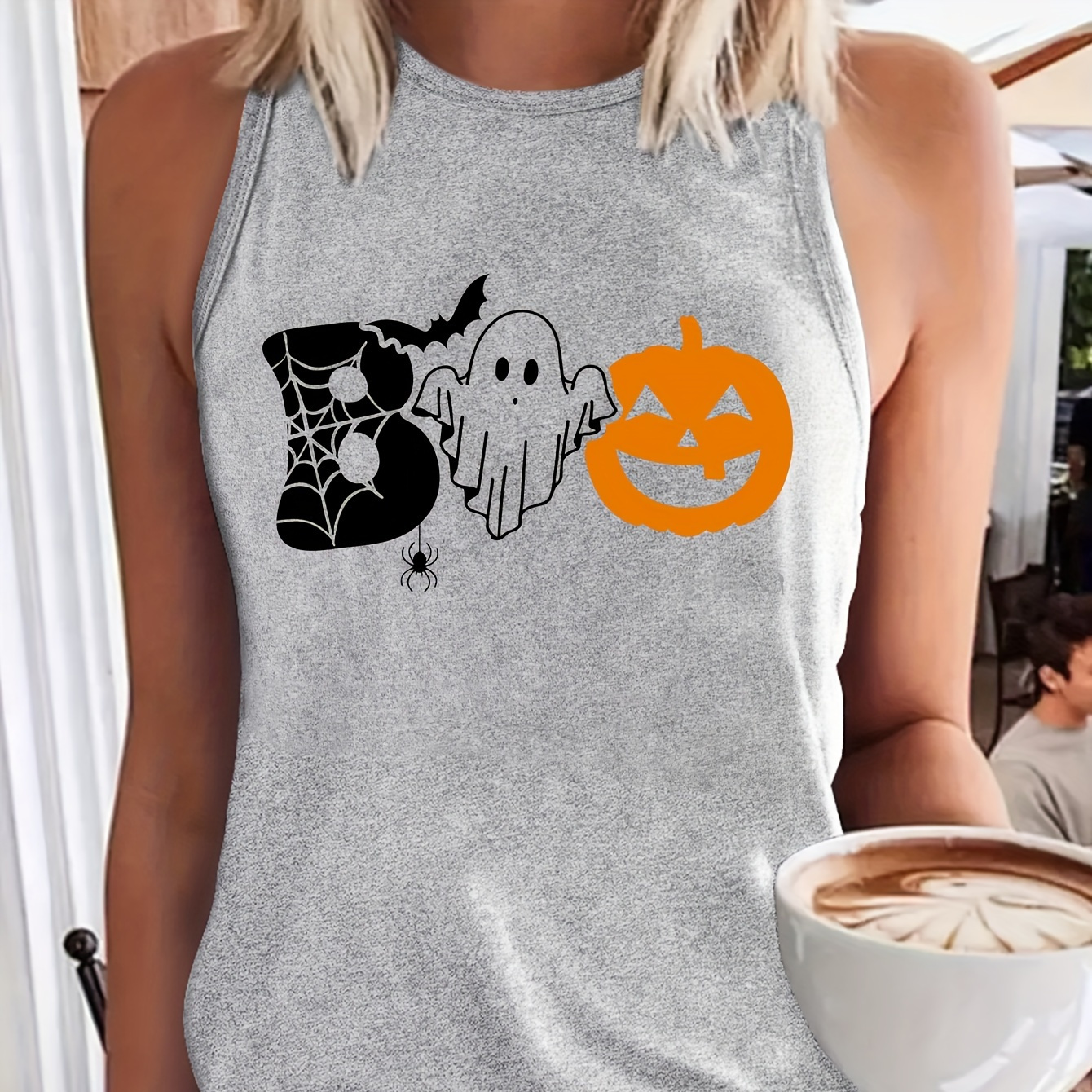 

Halloween Ghost Print Crew Neck Tank Top, Casual Sleeveless Top For Summer, Women's Clothing
