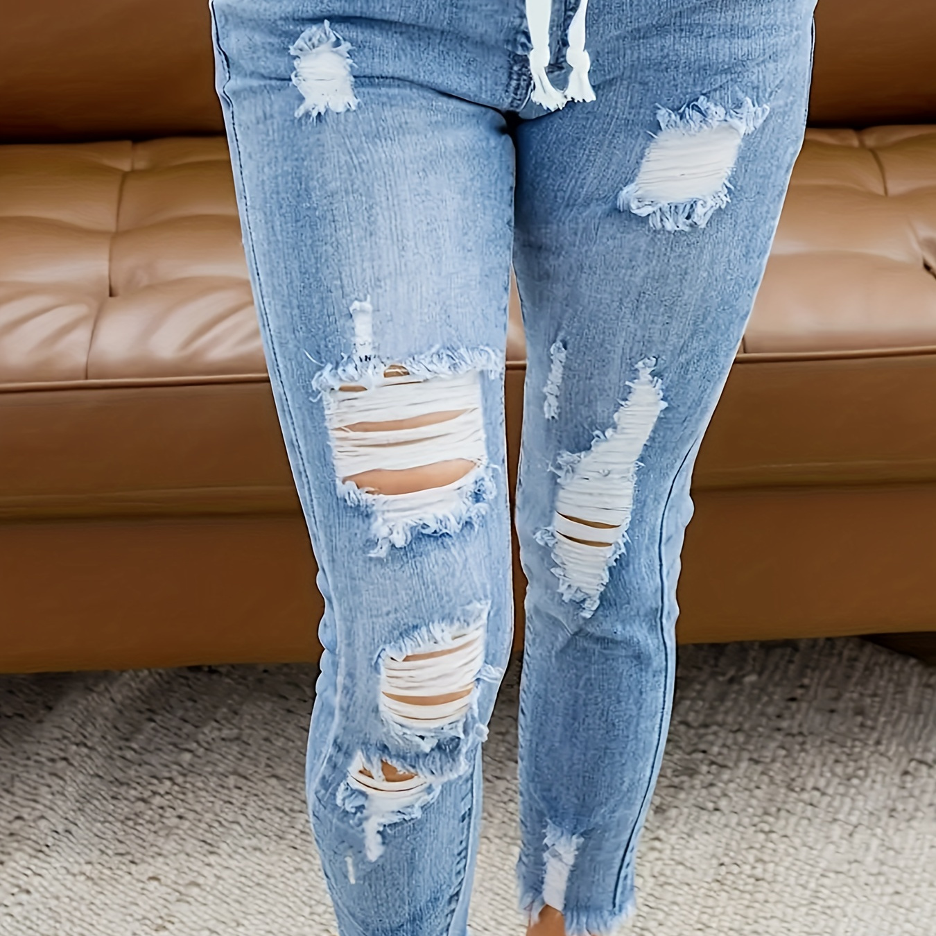 

Ripped Holes Casual Skinny Jeans, Drawstring Elastic Waist Raw Hem Stretchy Tight Jeans, Women's Denim Jeans & Clothing