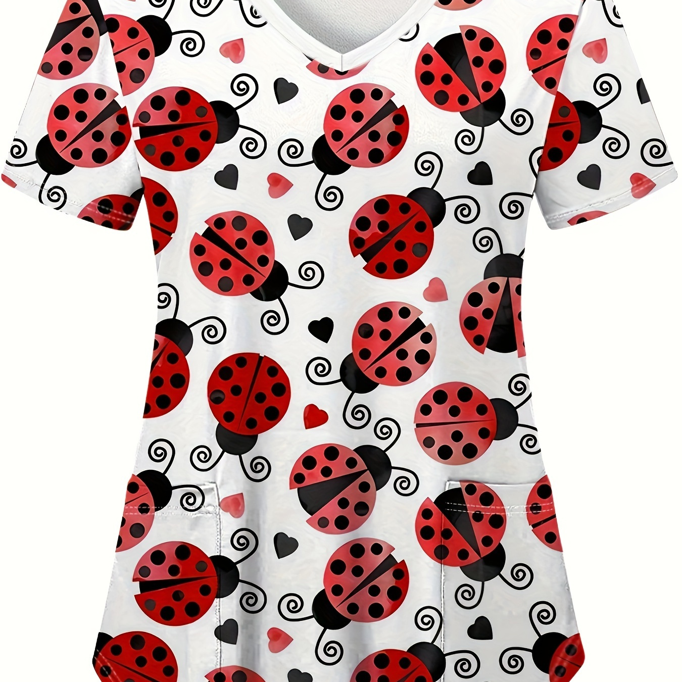 

Cute Flying Bug Print Scrubs Top, Health Care Short Sleeve V-neck Dual Pockets Scrub For Doctor, Nurse, Physician, Dentist, Women's Work Clothing