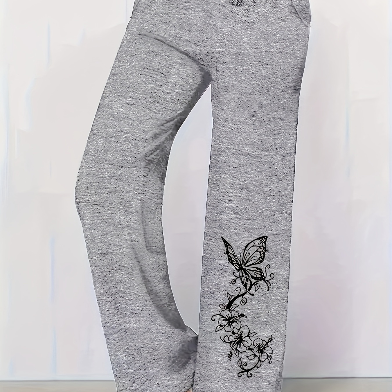 

Plus Size Casual Drawstring Pants - Polyester Knit Fabric With Slight Stretch, Butterfly Print, Straight Leg, Comfort