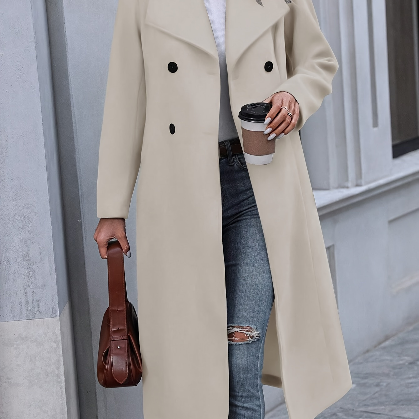 

Elegant Solid Color Overcoat For Women - Chic Double-breasted, Long Sleeve Outerwear With Lapel Collar, Machine Washable - Fall/winter