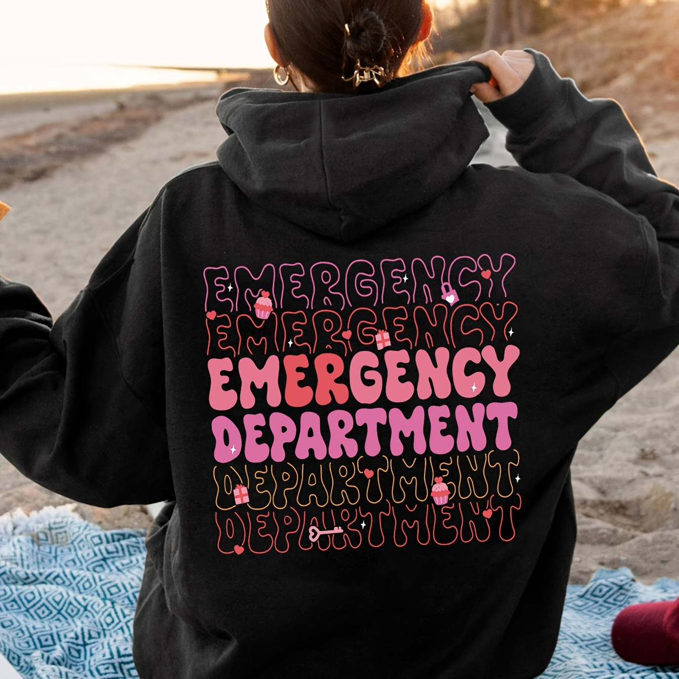 

Women's Casual Printed Graphic Emergency Department Polyester Hoodie With Knit Fabric, Hooded Pullover For All Seasons