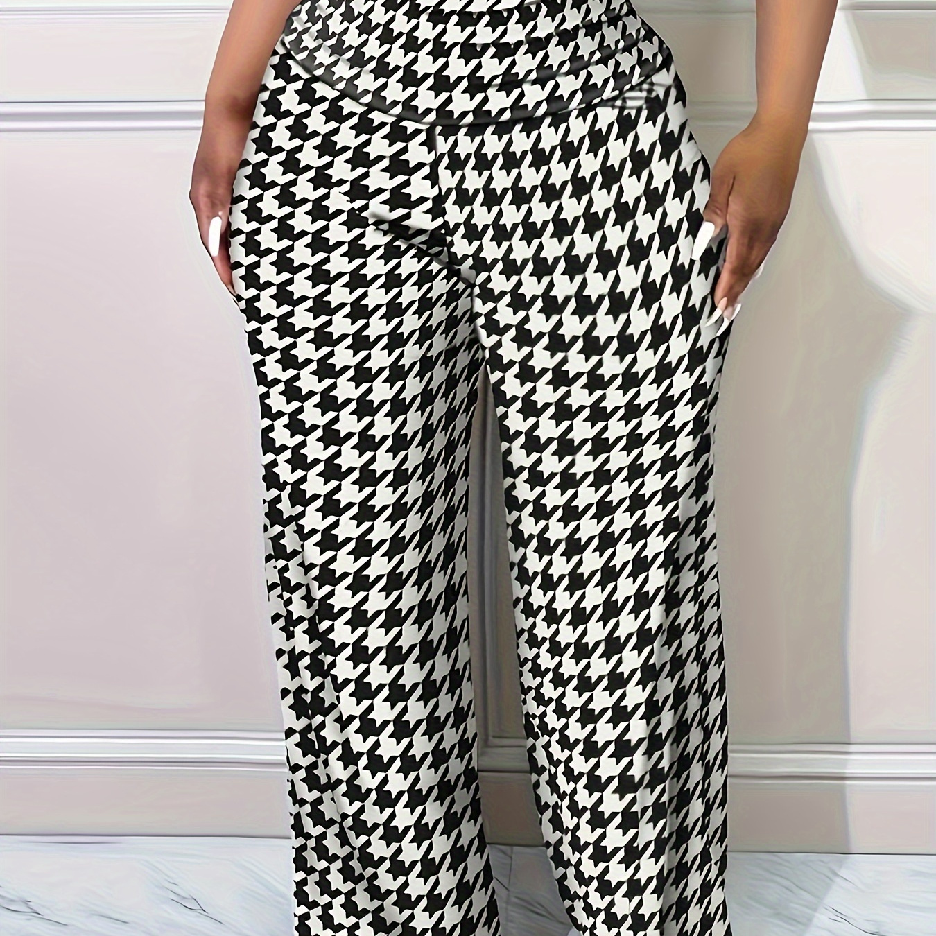 

Plus Size Houndstooth Print Wide Leg Pants, Casual High Waist Pants For Spring & Summer, Women's Plus Size Clothing