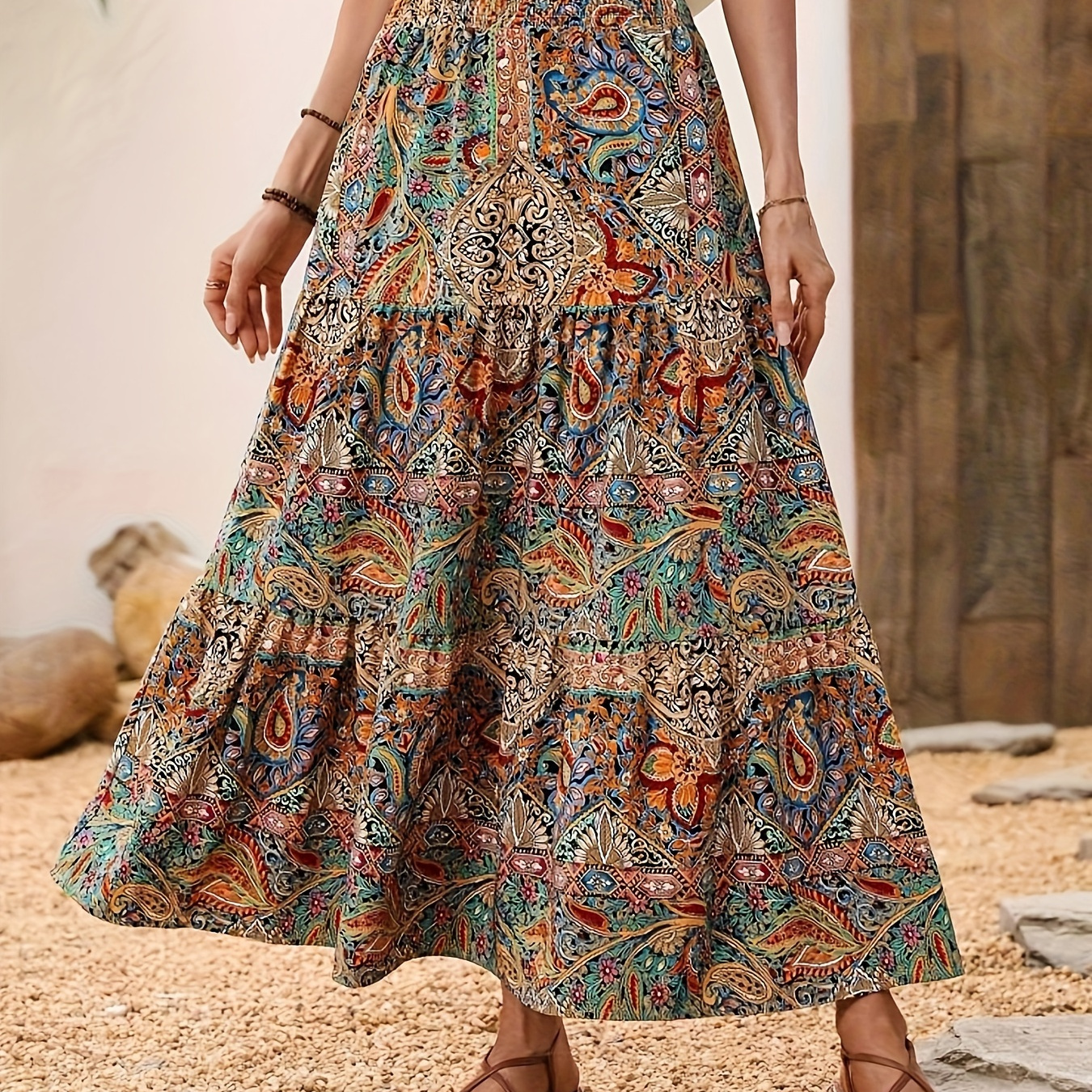 

Paisley Print Ruffle Hem Skirt, Vintage Shirred Waist Flowy Vacation Style Skirt, Women's Clothing