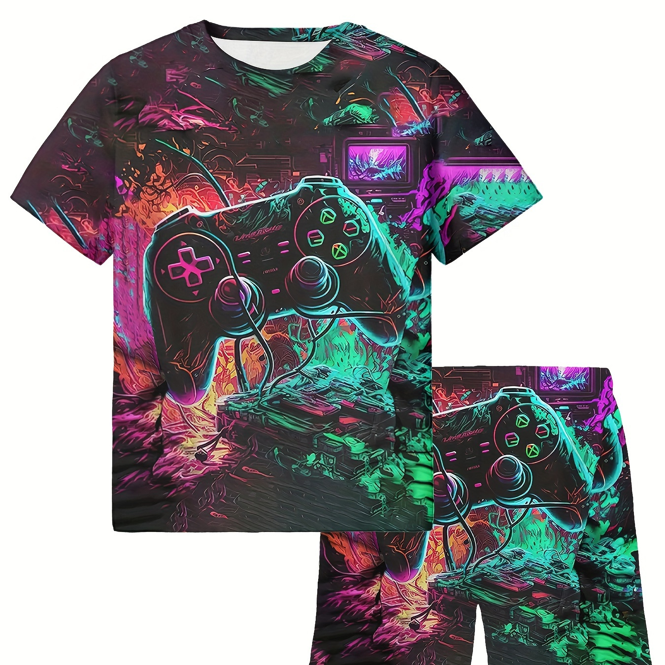 

2pcs Boys Casual Colorful Gamepad 3d Graphic Print Short Sleeve T-shirt & Shorts Set, Comfy Summer Boys Clothes