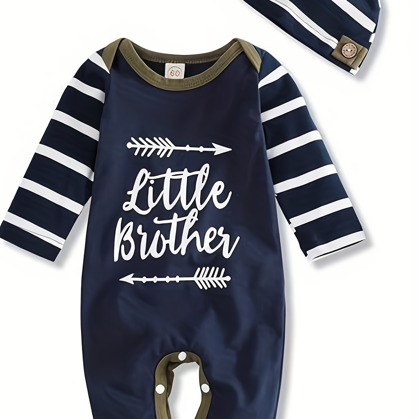 

Infant's "little Brother" Print Cotton Bodysuit & Hat, Comfy Long Sleeve Onesie, Baby Boy's Clothing, As Gift