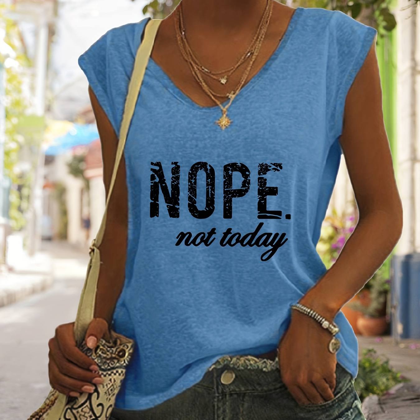 

Nope Print Tank Top, Sleeveless V Neck Casual Top For Spring & Summer, Women's Clothing